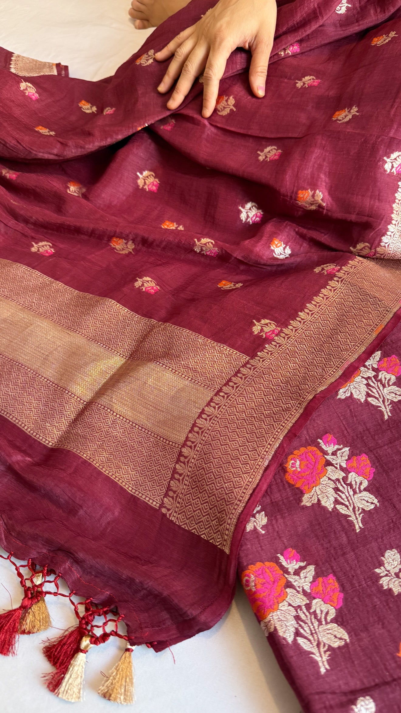 Linen gorgette burgundy kadhwa meenakari rose buta suit set