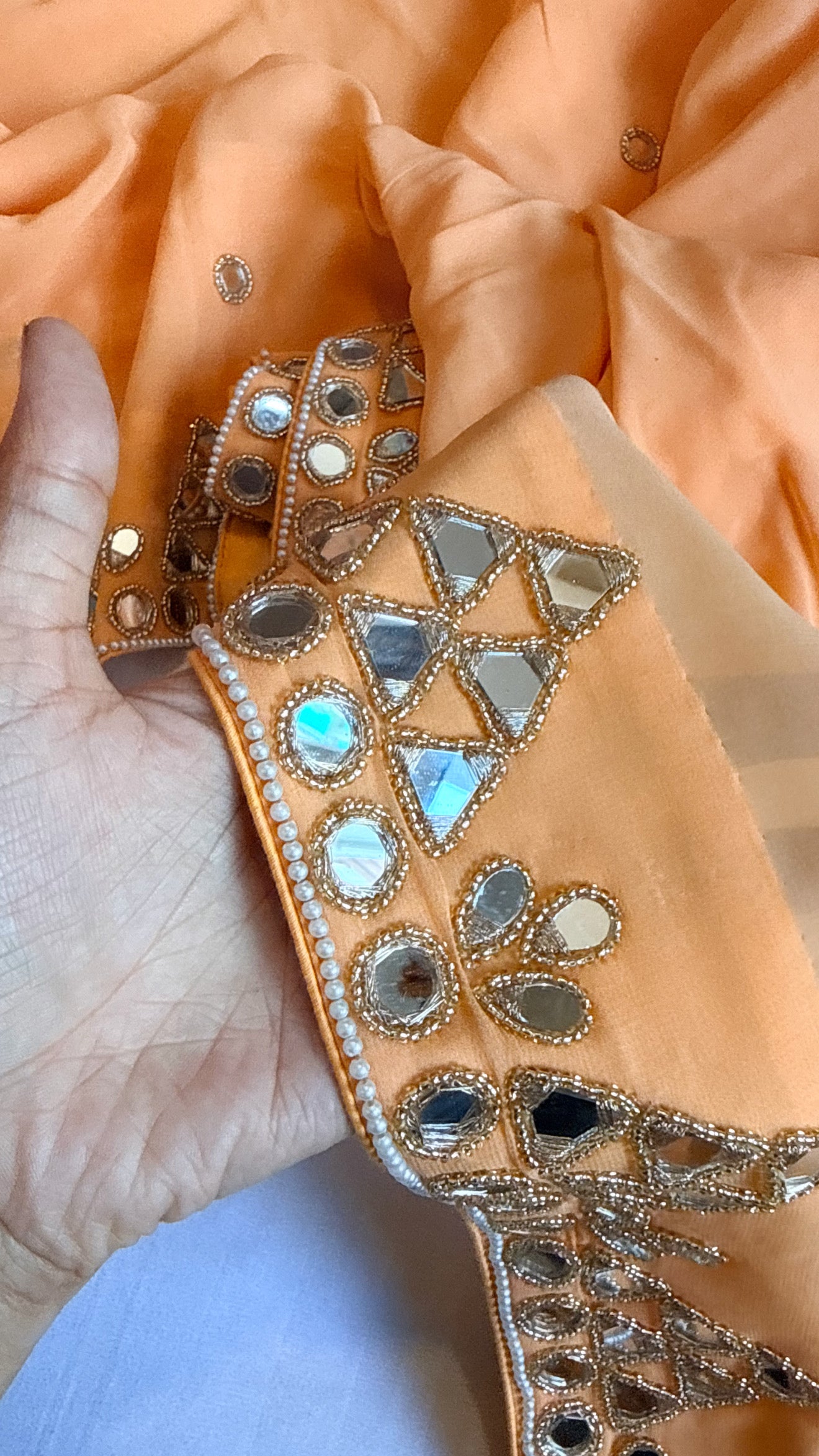 Mother’s Day offer - Candy peach chiffon gorgette mirrorwork hand embroidered sarees