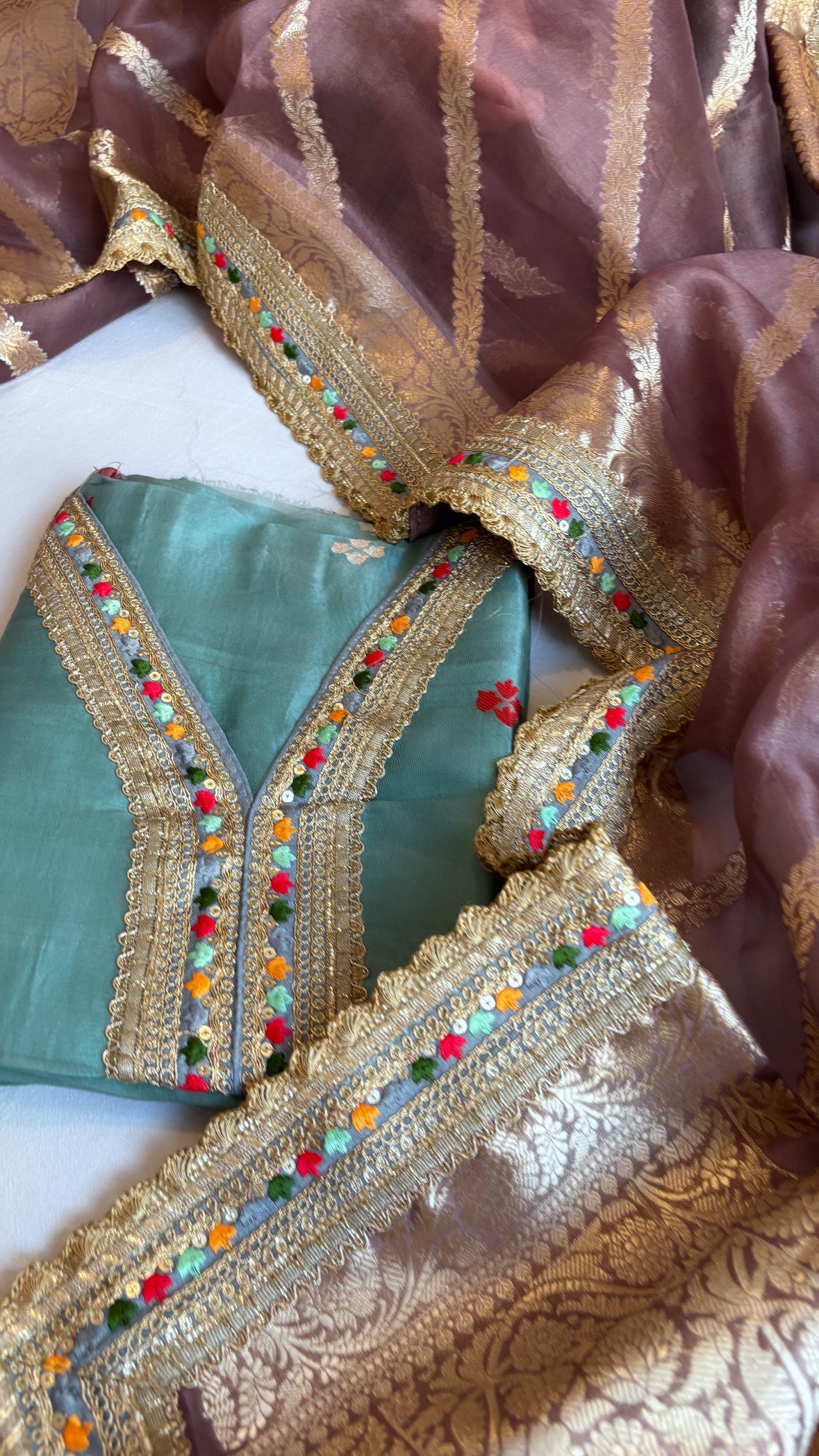 Banarasi sage blue-dull lilac kora silk combination gotapatti suit sets