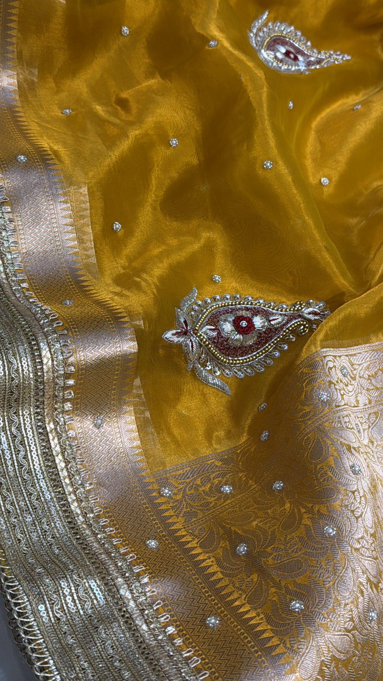 Kanjivaram haldi gold tissue silk hand embroidered meenakari buti kadhwa saree