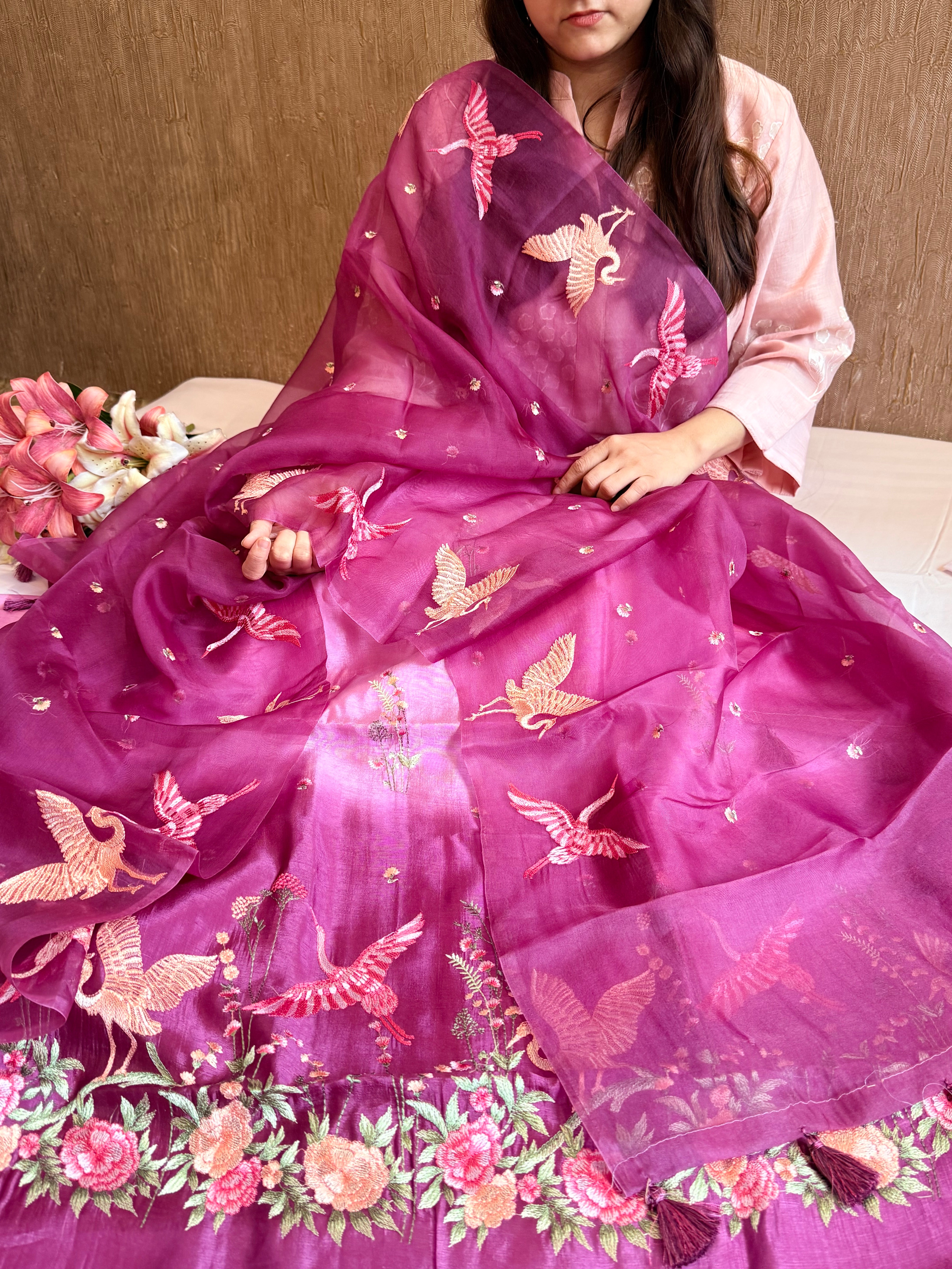 Mango silk flamingo motif hand embroidery suit set