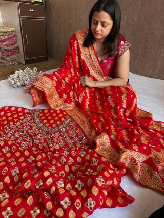 Heavy mirror work hand embroidered red kadhwa banarasi gorgette zari work suit sey