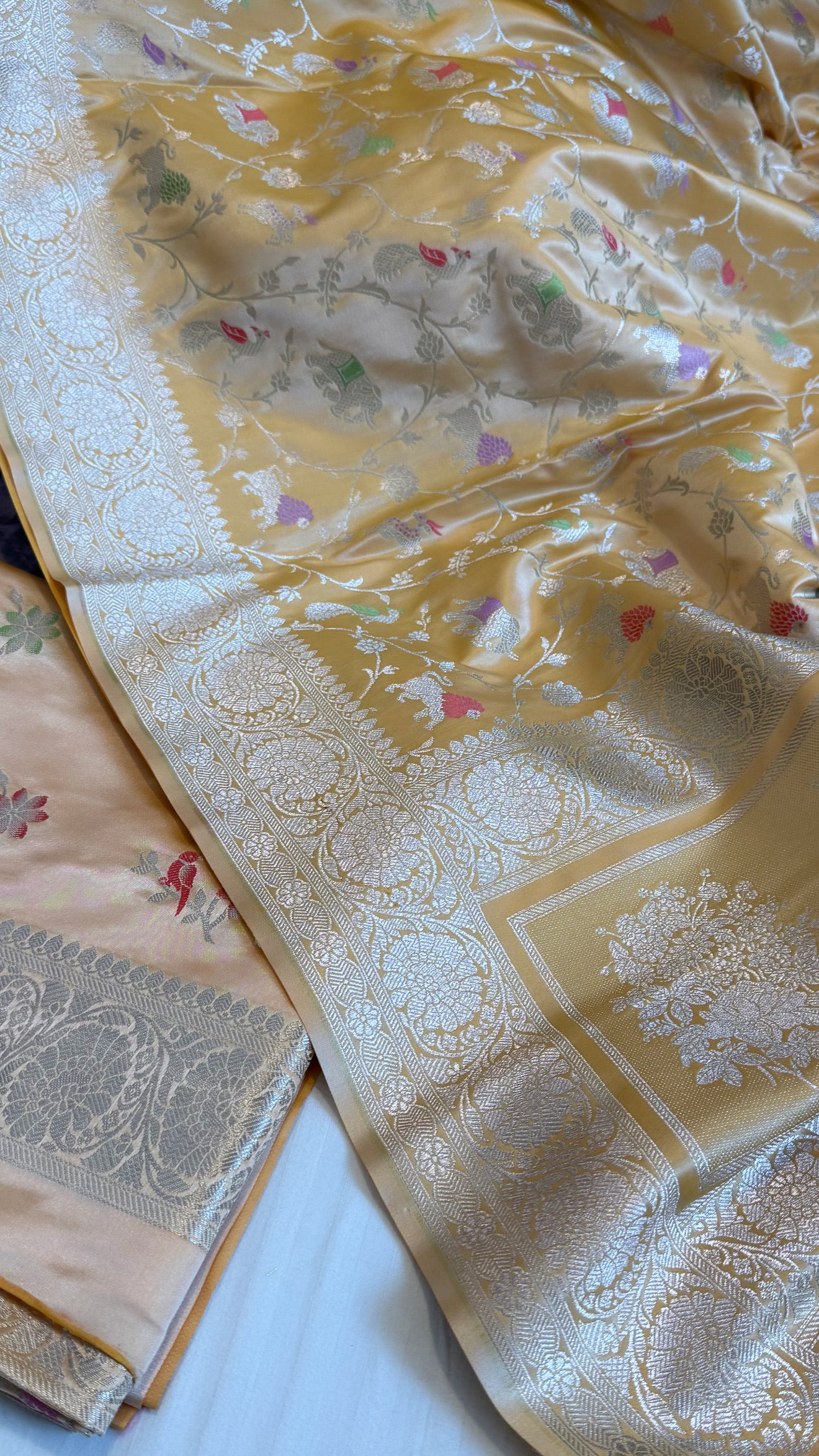 Butter yellow mashru satin silk shikargah motif Banarasi suit set