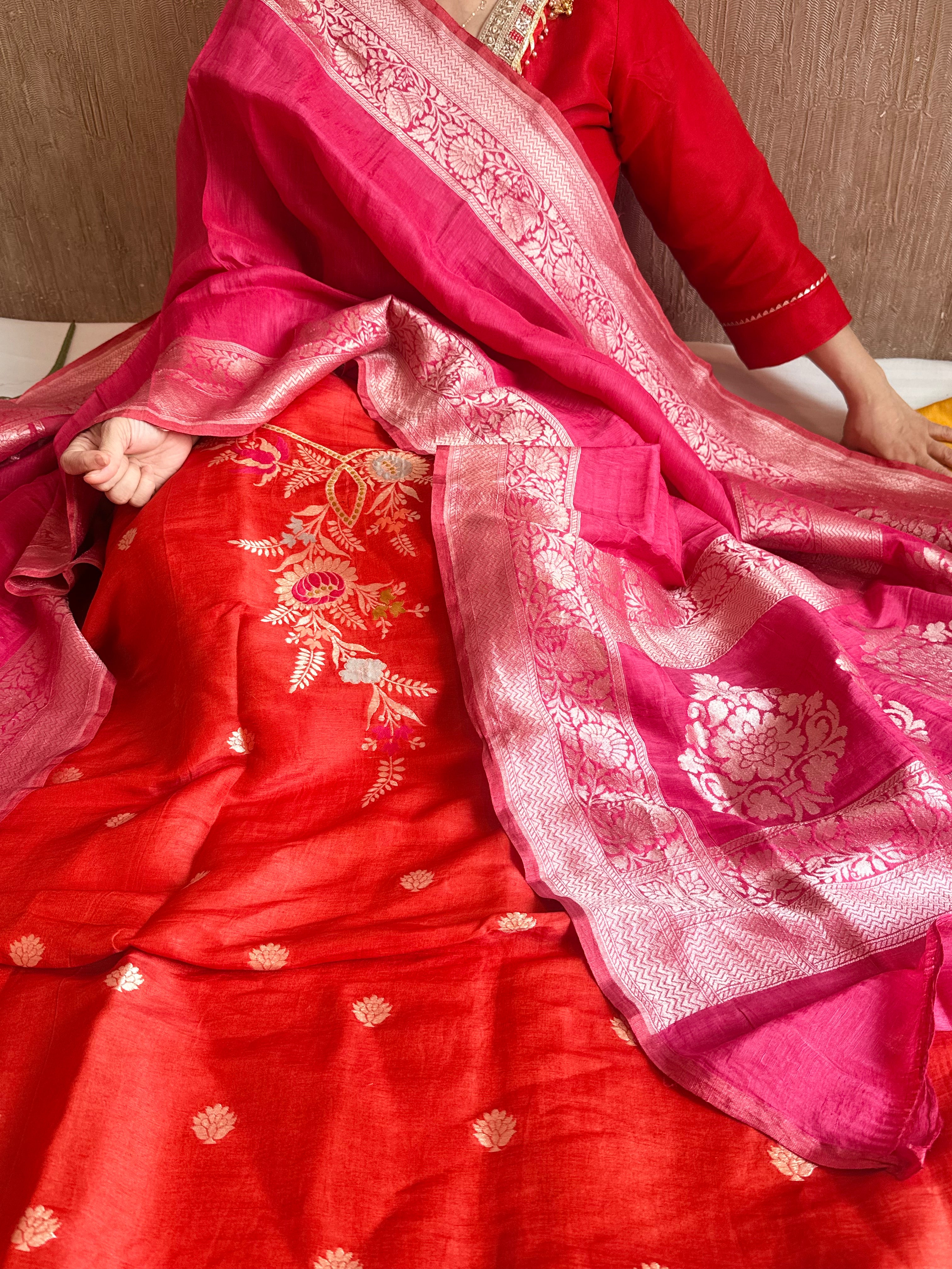 Banarasi linen gorgette neckwork weaving meenakari suit set