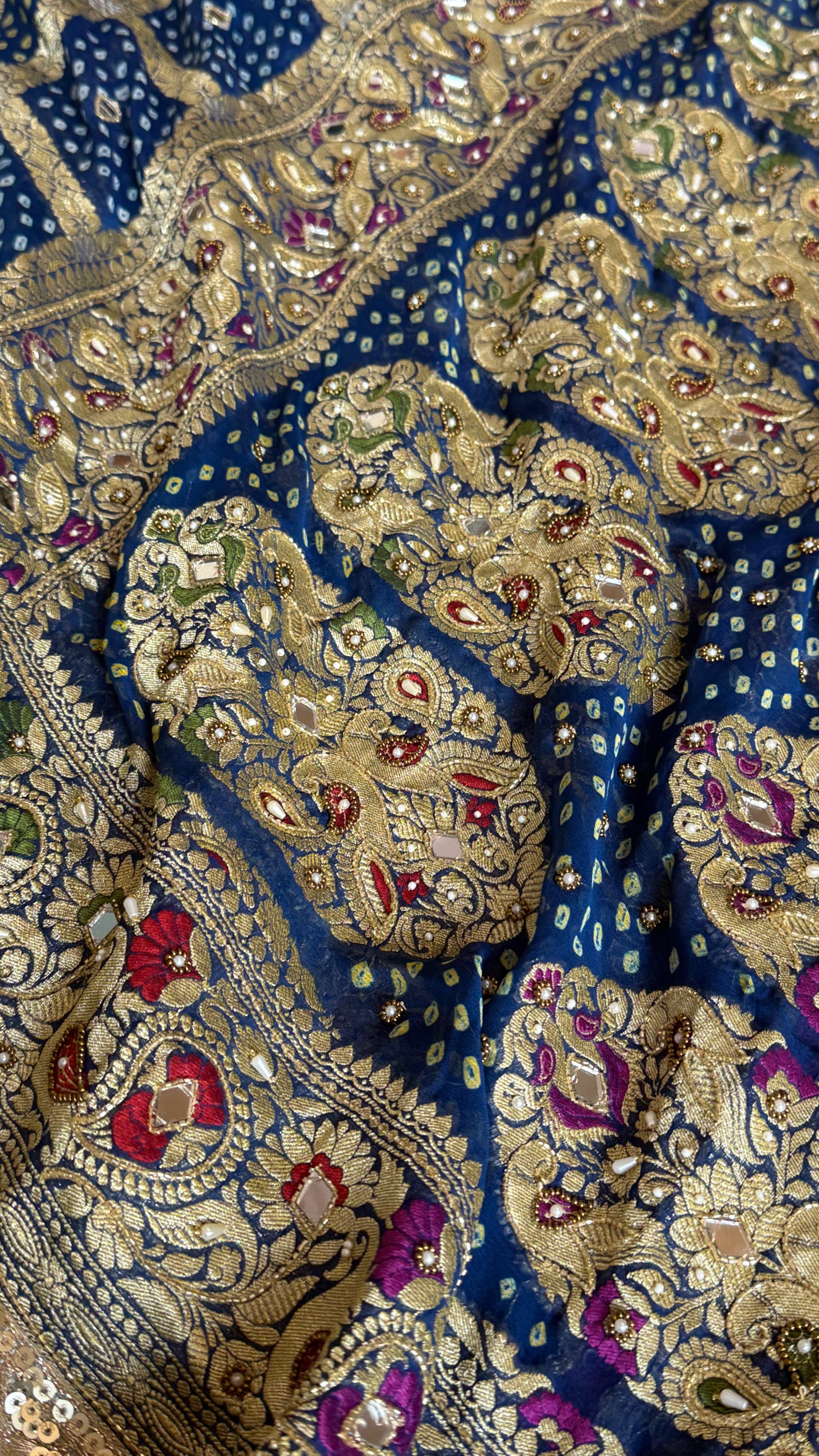 Navy blue banarasi rai chiffon gorgette kadhwa hand embroidered saree