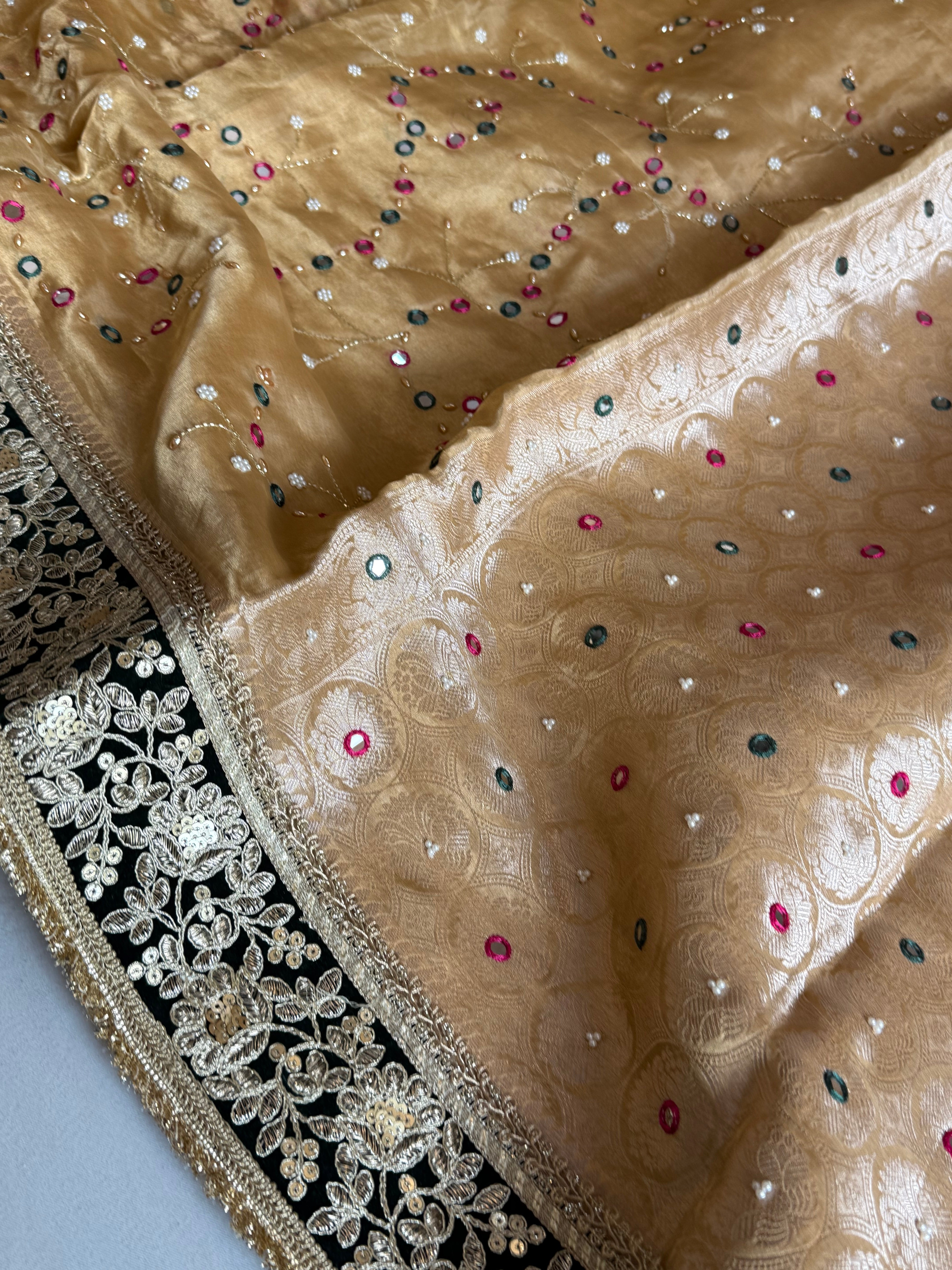 Sheesham edit - Heavy double tissue silk mirror work hand embroidered saree