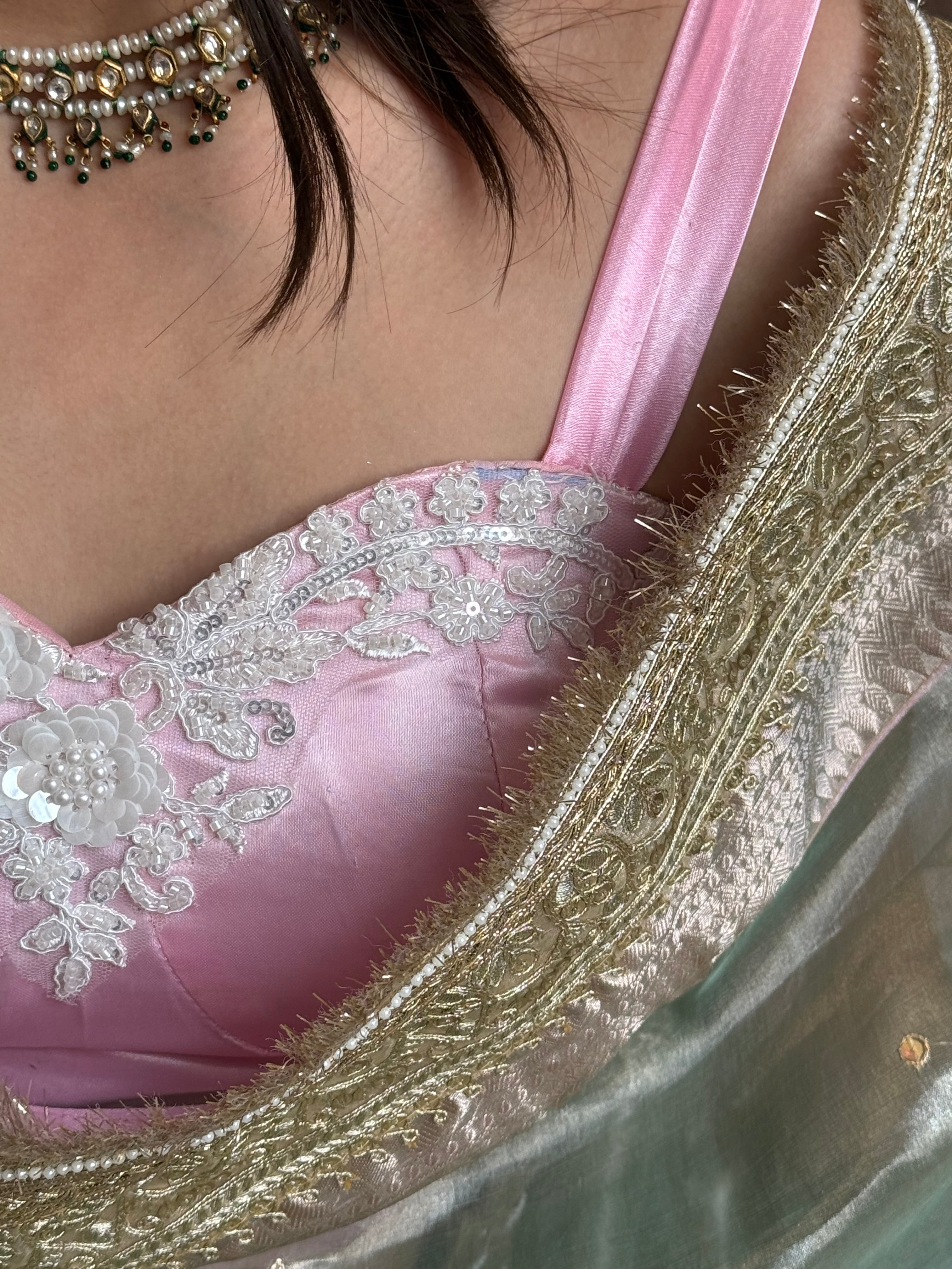 Satin blush pink pearl hand embroidered stitched blouse piece ( SIZE - 36 )