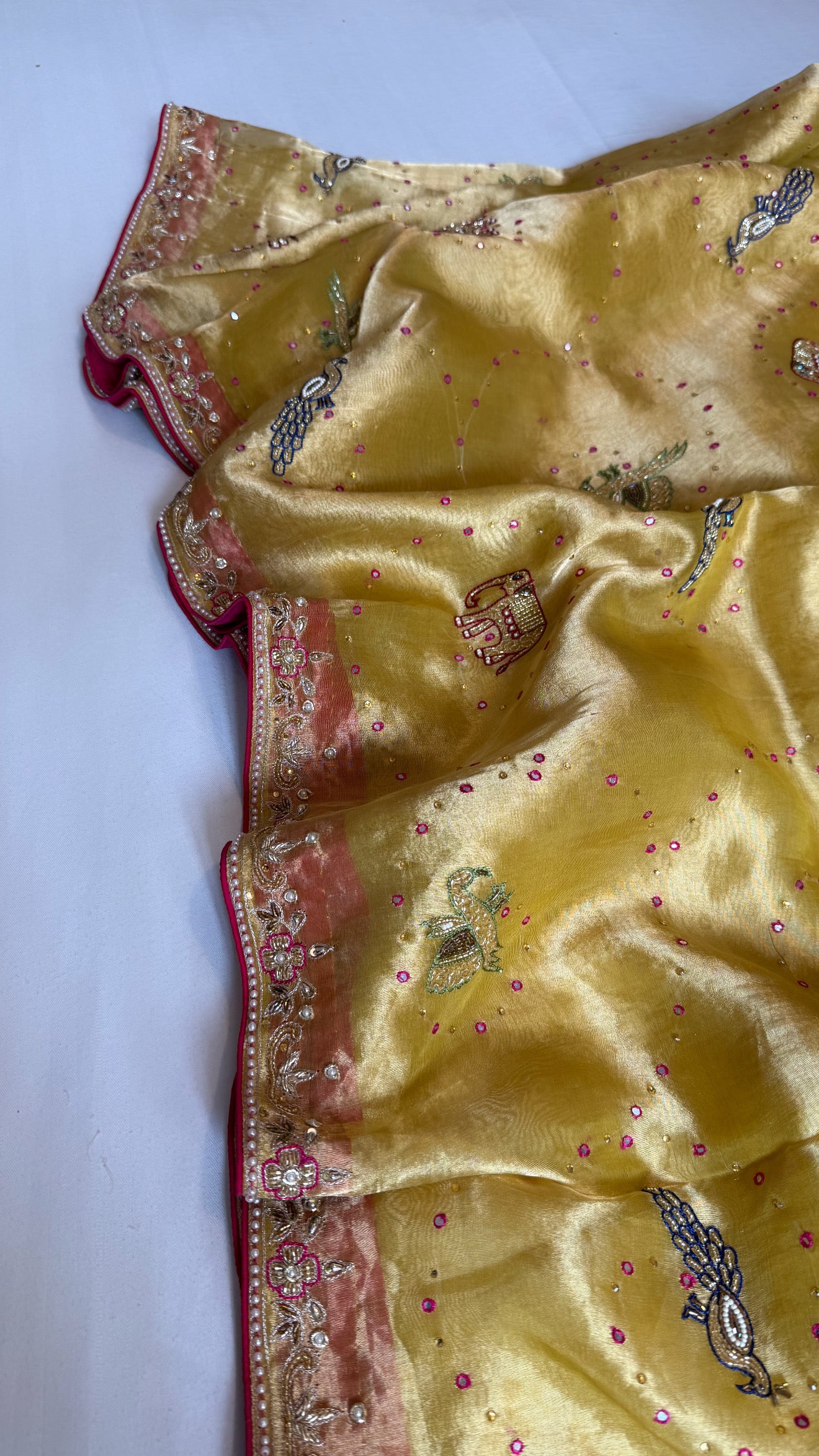 Shikarbagh edit tissue silk hand embroidered kadhwa saree