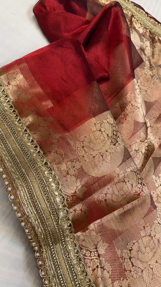 Maharani hot red tissue silk kadhwa scalloped border saree