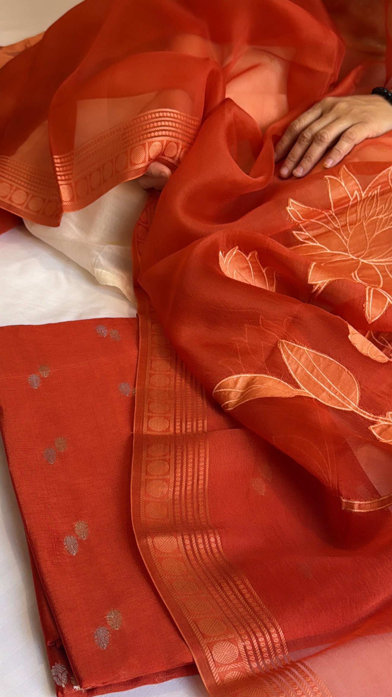 Rustic fanta orange kora silk appliqué work duppata paired with chiniya silk kurta set