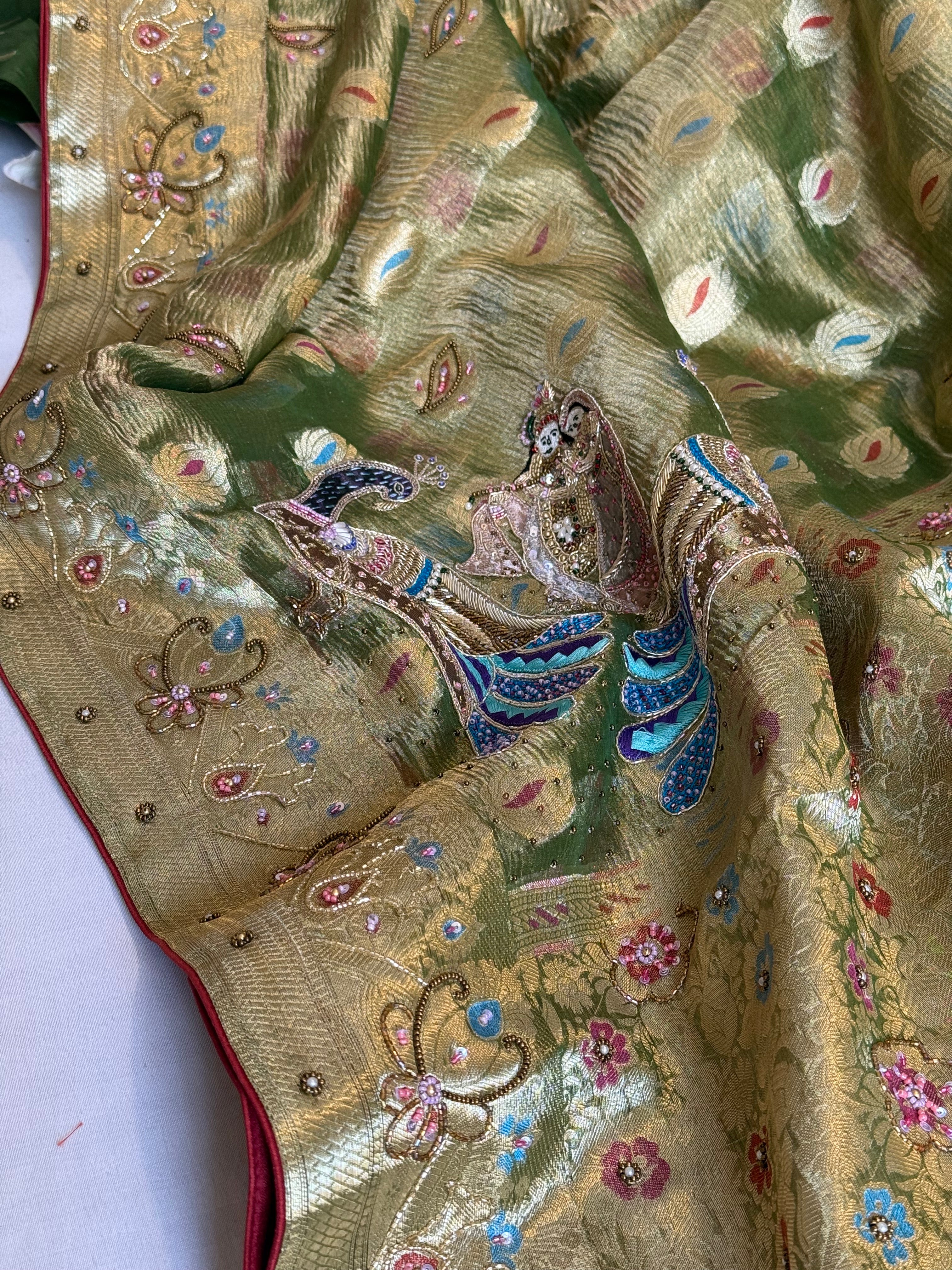 Mehendi green husn crushed tissue silk hand embroidered kadhwa saree