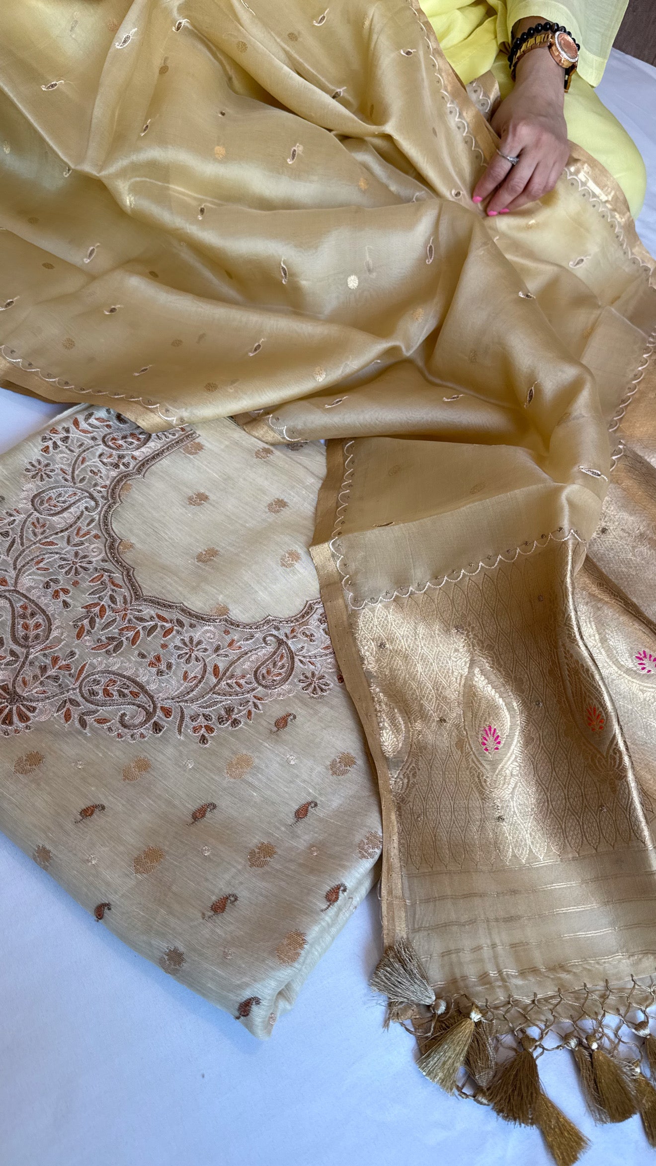 Soft gold resham hand embroidered linen gorgette kurta paired with kora silk duppata