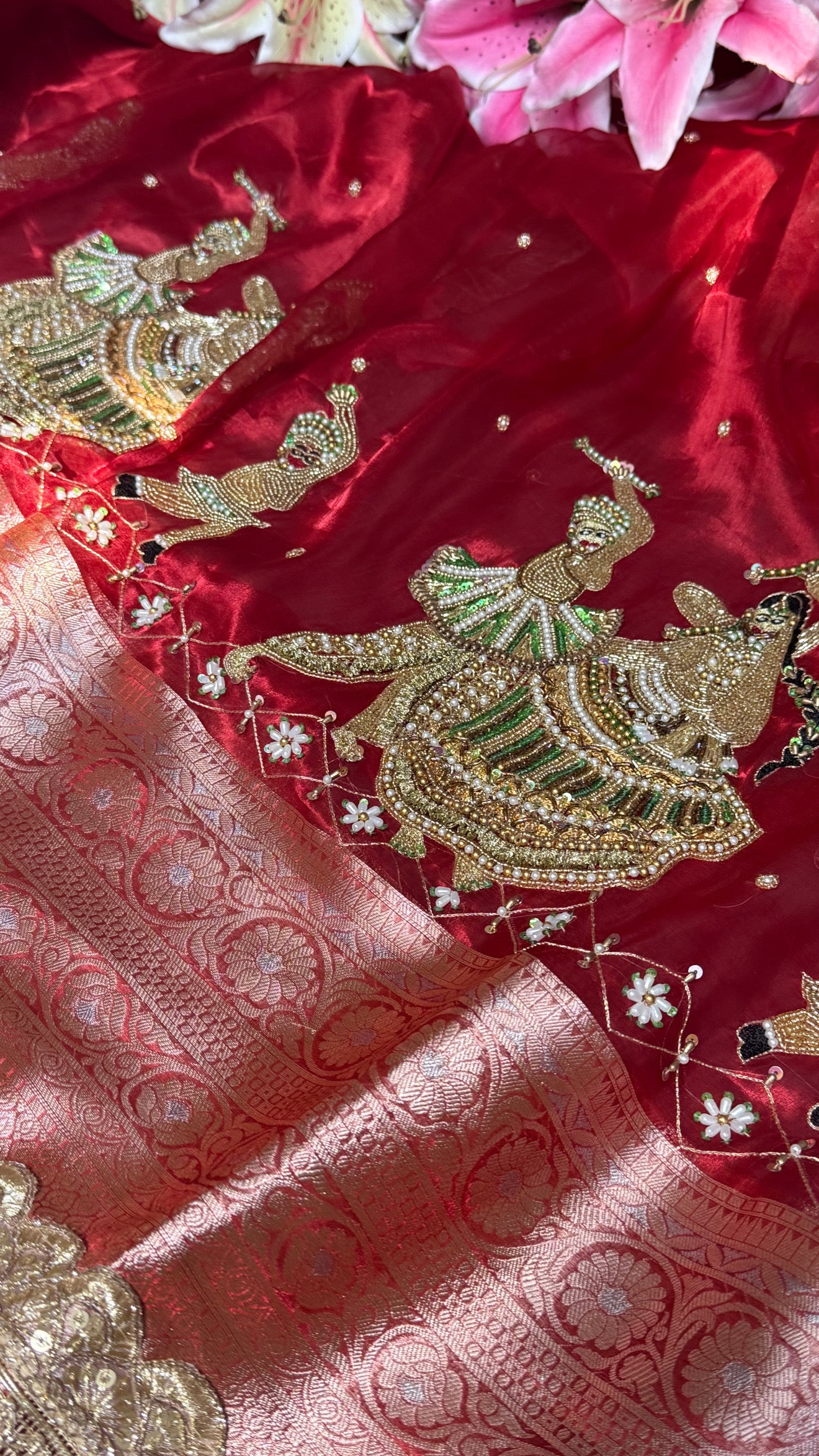 Dandiya wali laal saree - blood red garba theme hand embroidered kadhwa tissue silk saree
