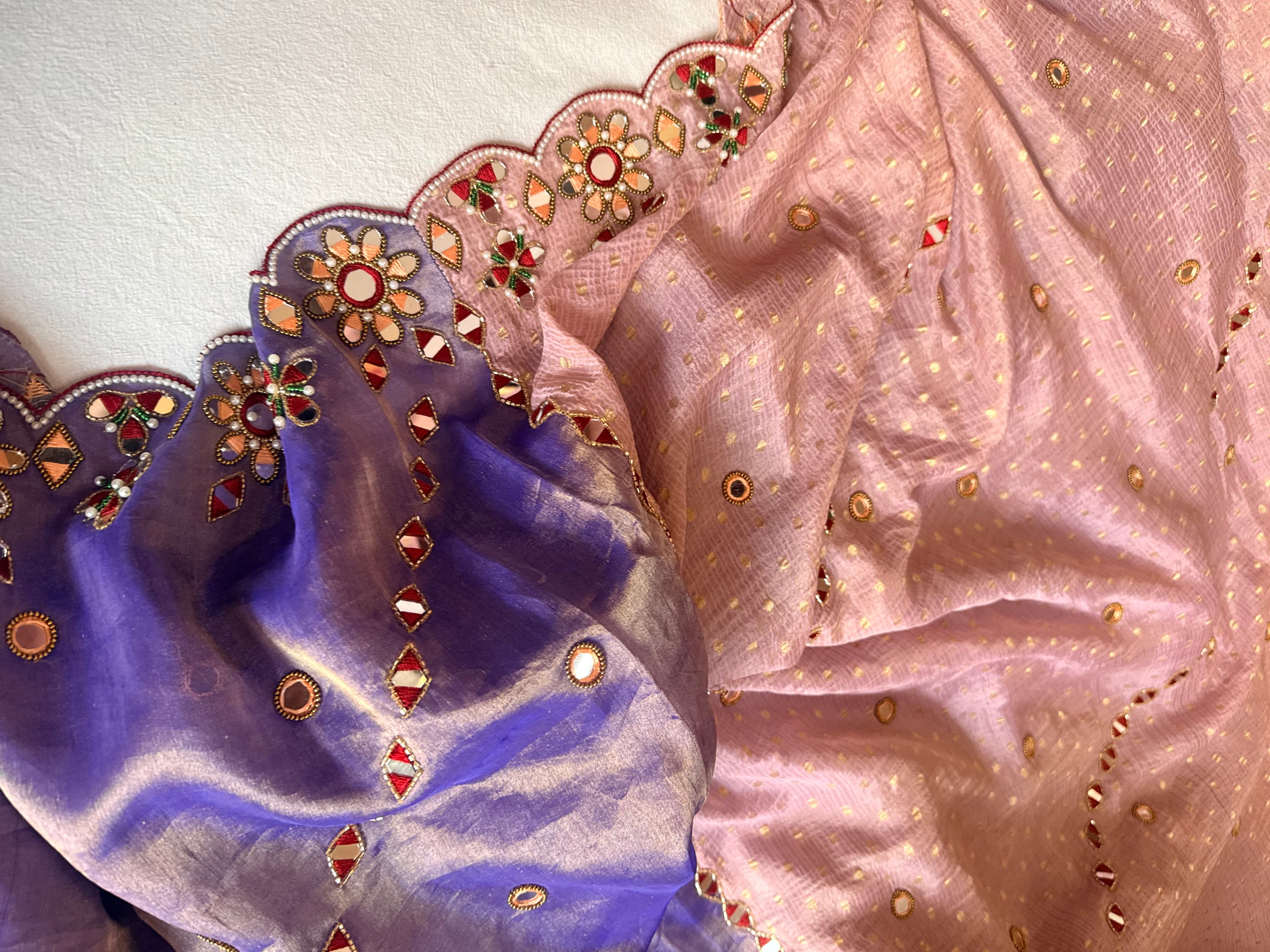 Tyohaar edit - Chiffon tissue gorgette mirrorwork half-half kafhwa buti saree