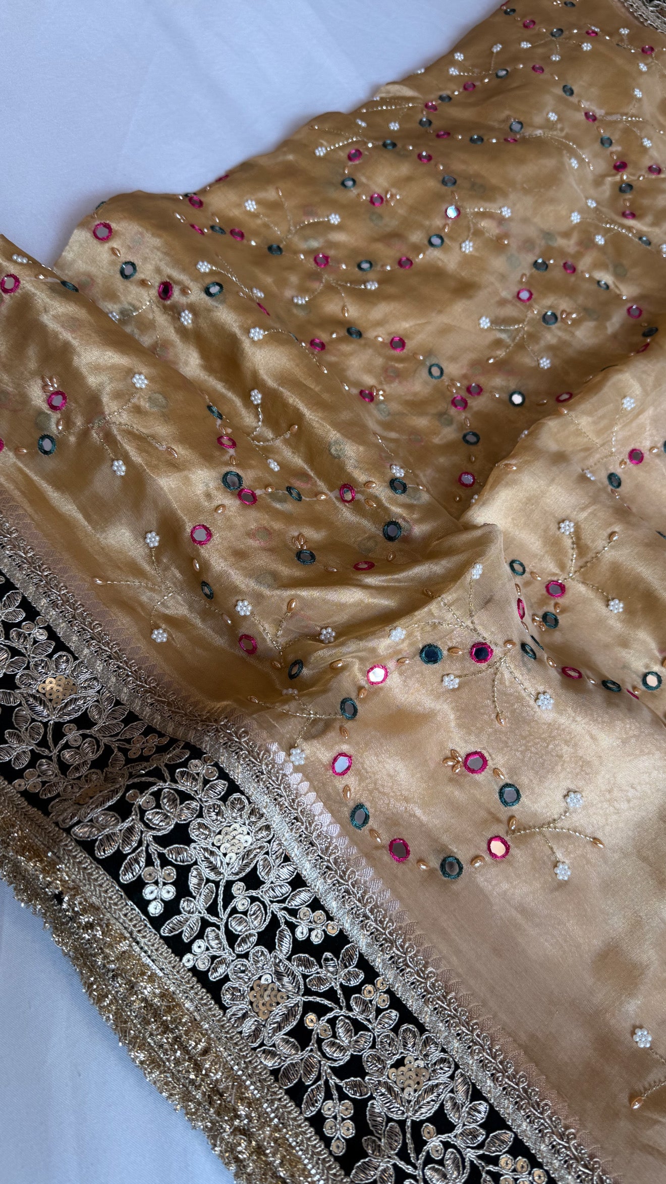 Sheesham edit - Heavy double tissue silk mirror work hand embroidered saree