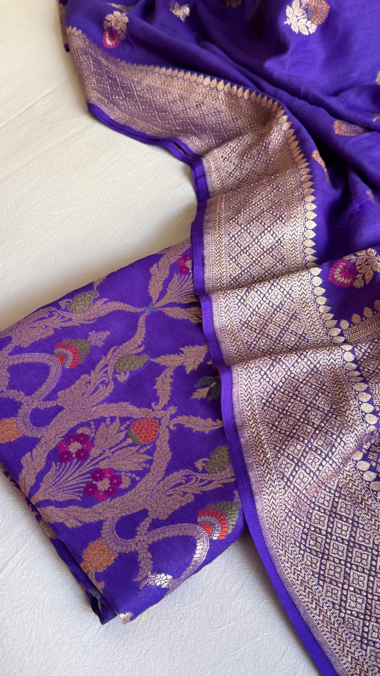 Moonga silk bright purple meenakari kadhwa jungla brocade suit set