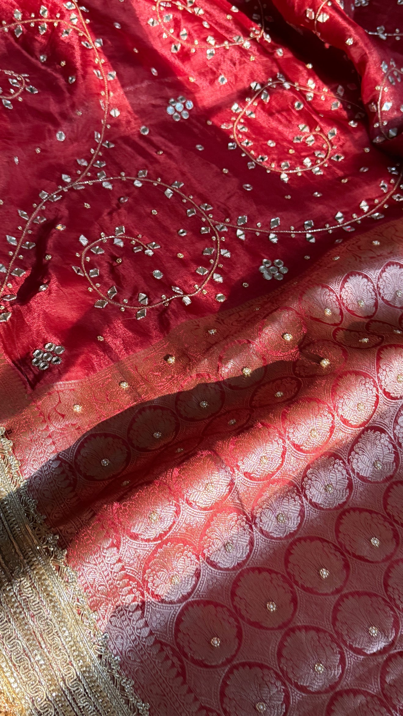 Teej special - Crimson red mirror work tissue silk jaal hand embroidered saree