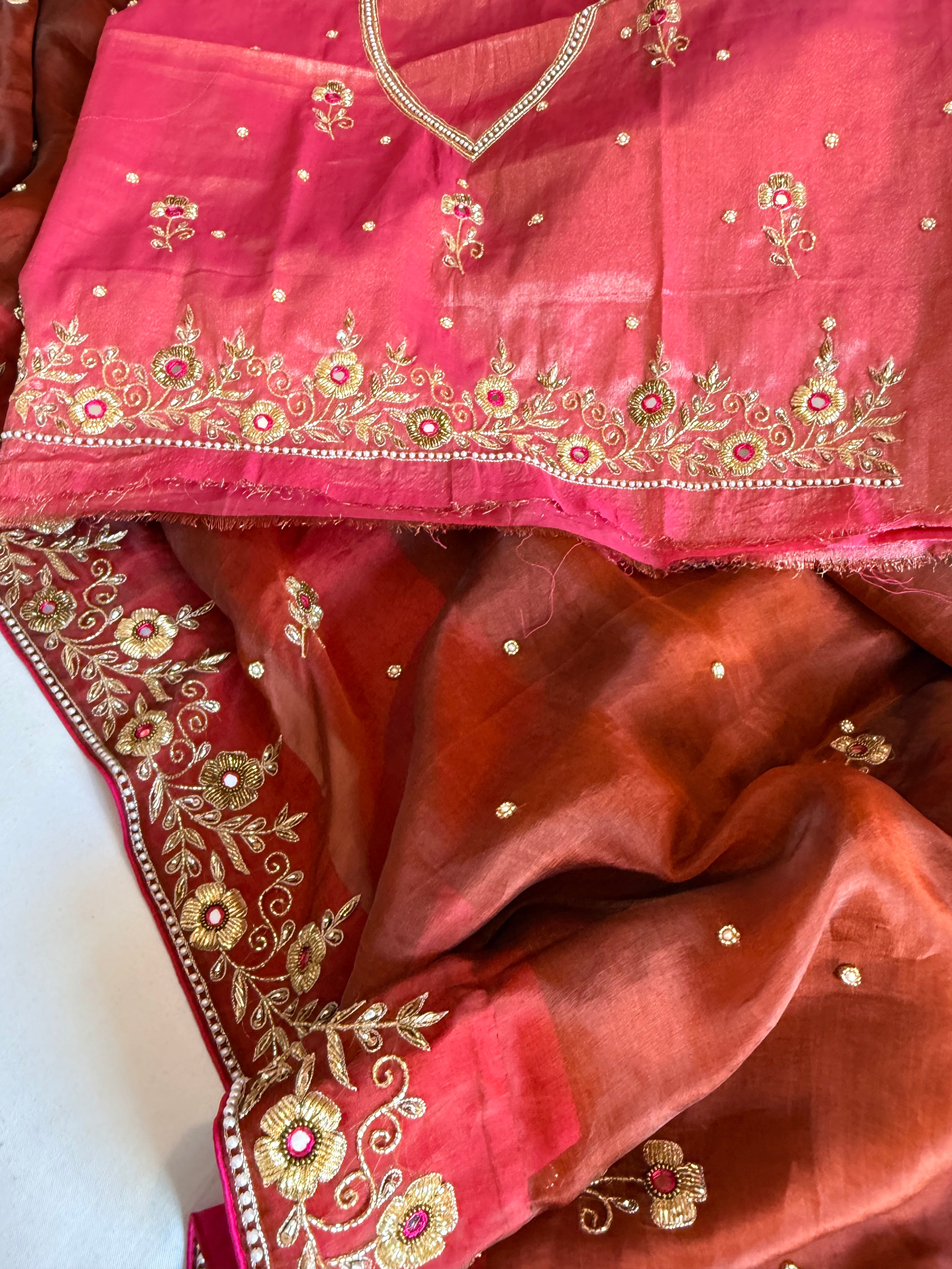 Mud brown-rani pink combination mirror and zardozi work tissue silk saree
