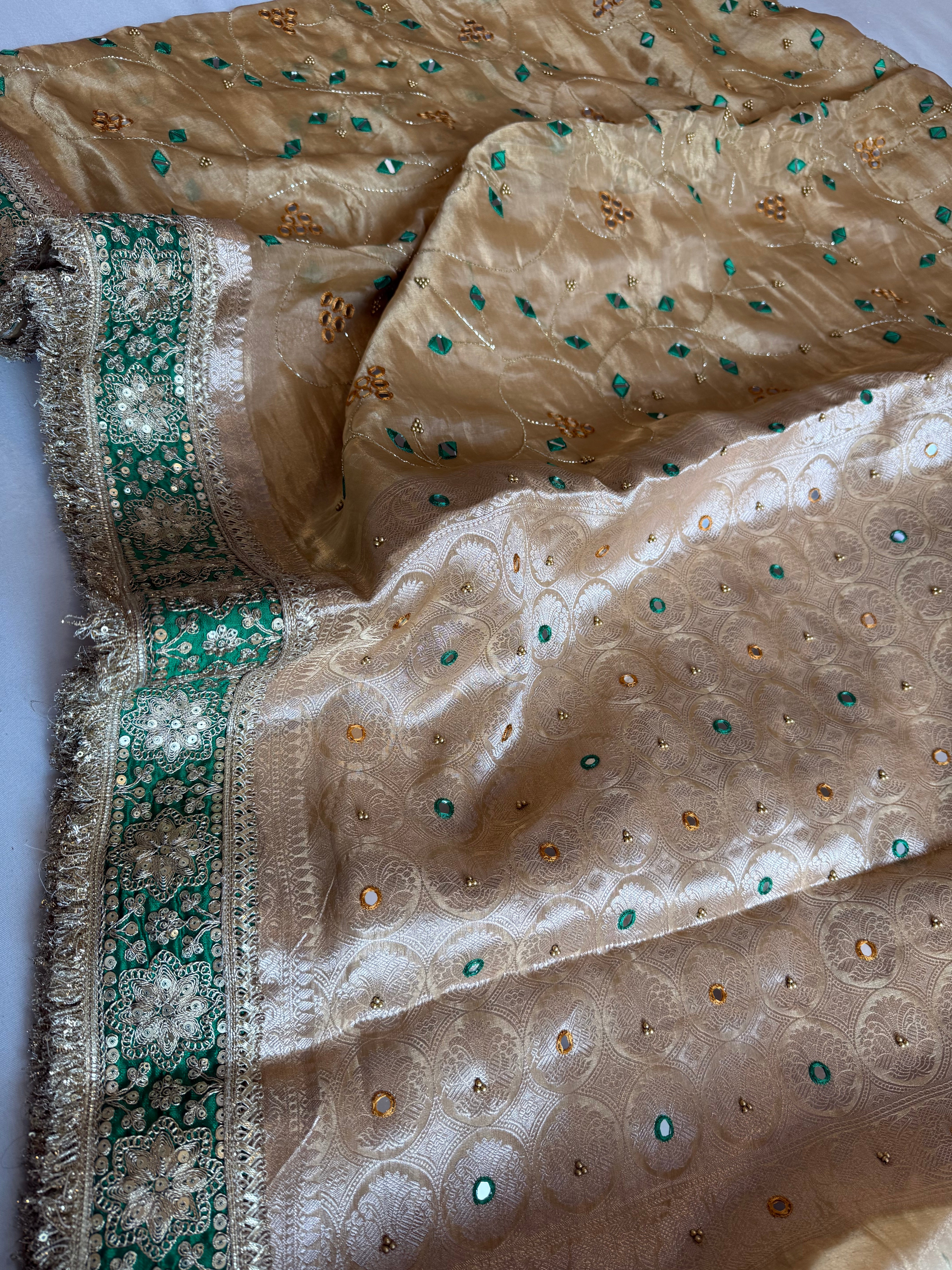Sheesham edit - Heavy double tissue silk mirror work hand embroidered saree