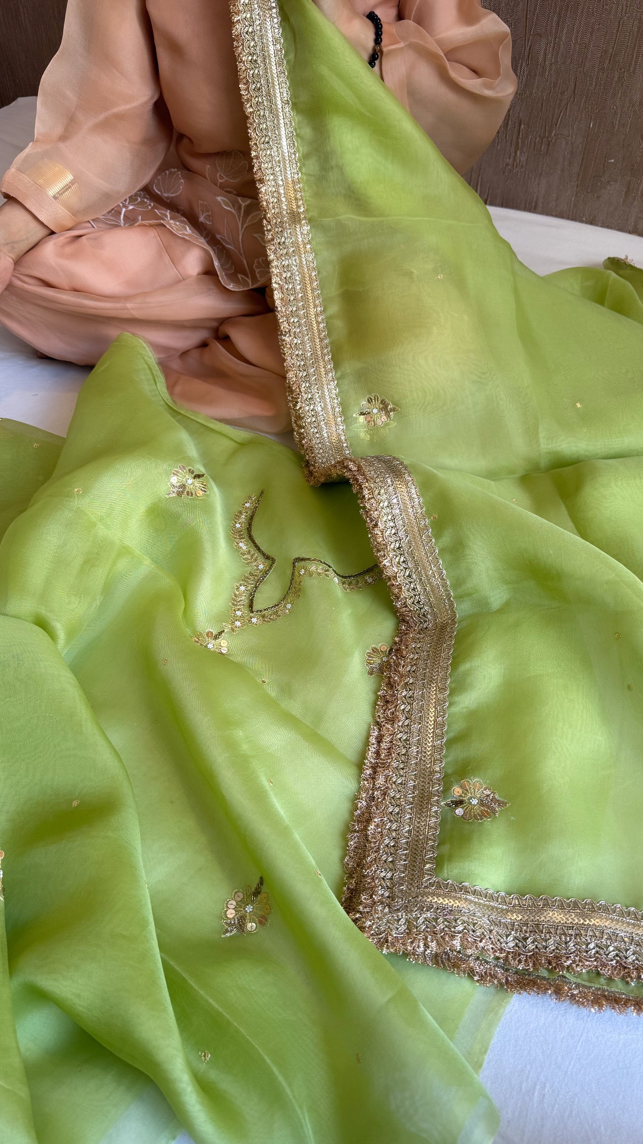 Aari and tilli kora silk hand embroidered grass green kadhwa suit set