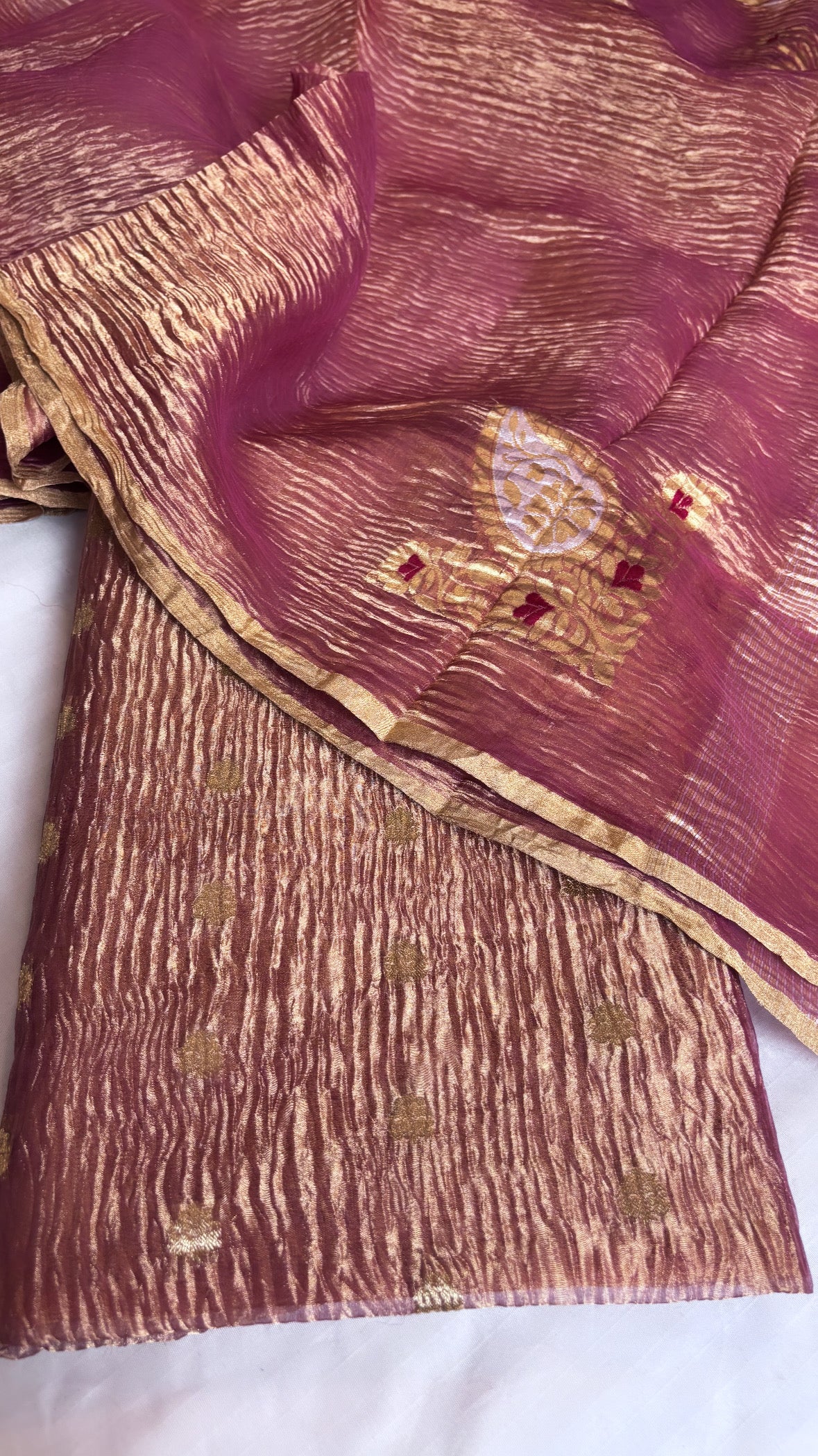 Pure banarasi rani pink crushed tiisue silk kadhwa sona rupa meenedar buti three piece suit set