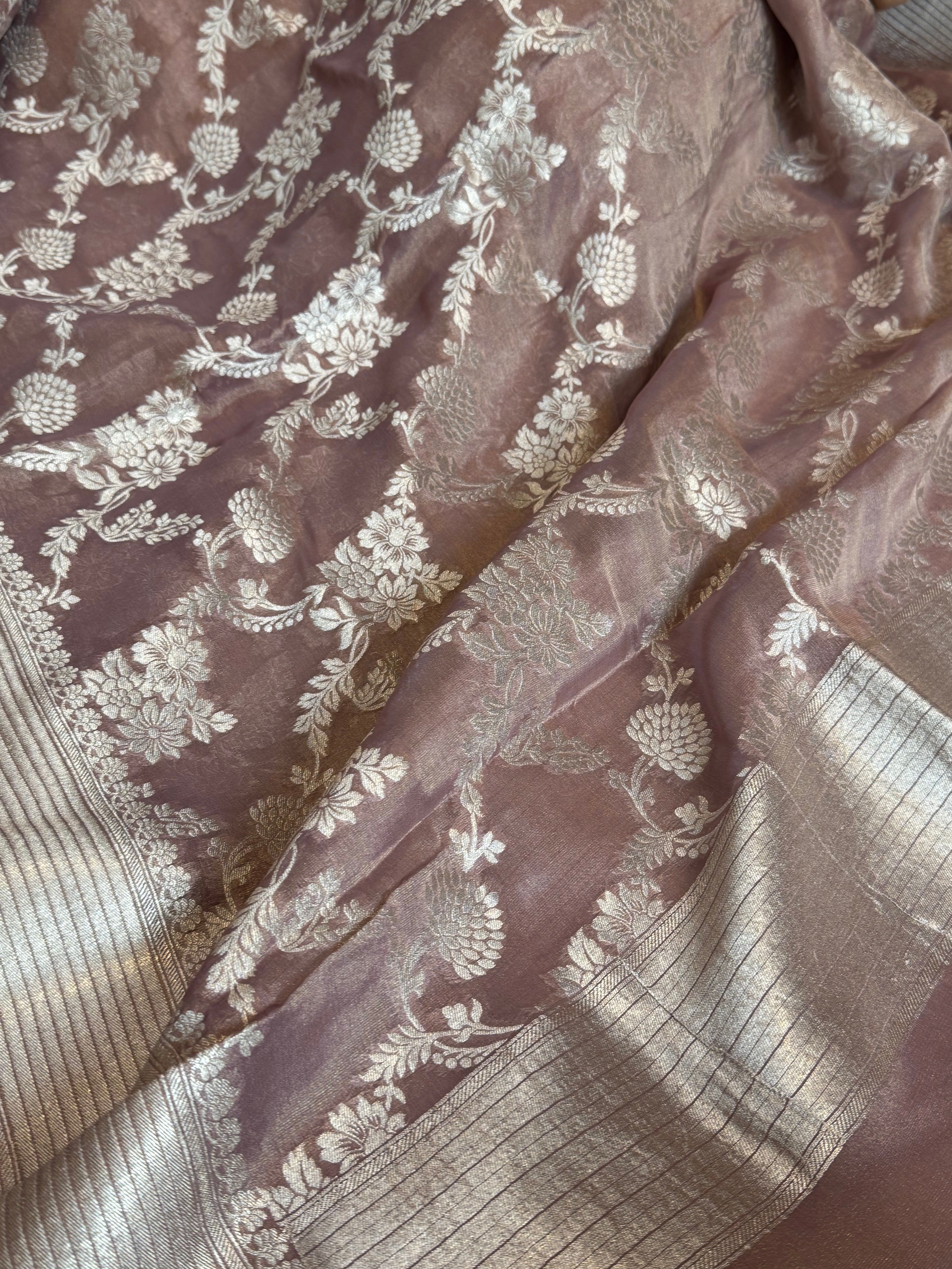 Rose peach banarasi silver zari tissue gorgette kadhwa buti suit sets