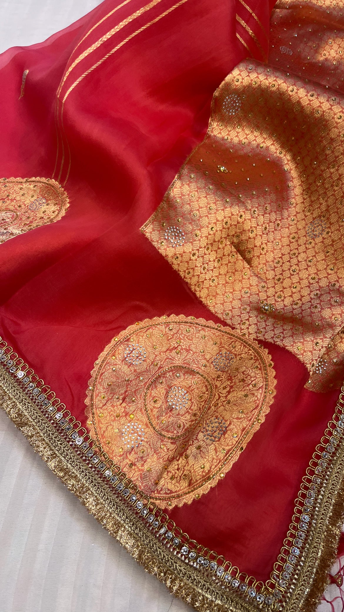 Tomato red sitara kora silk stonework saree