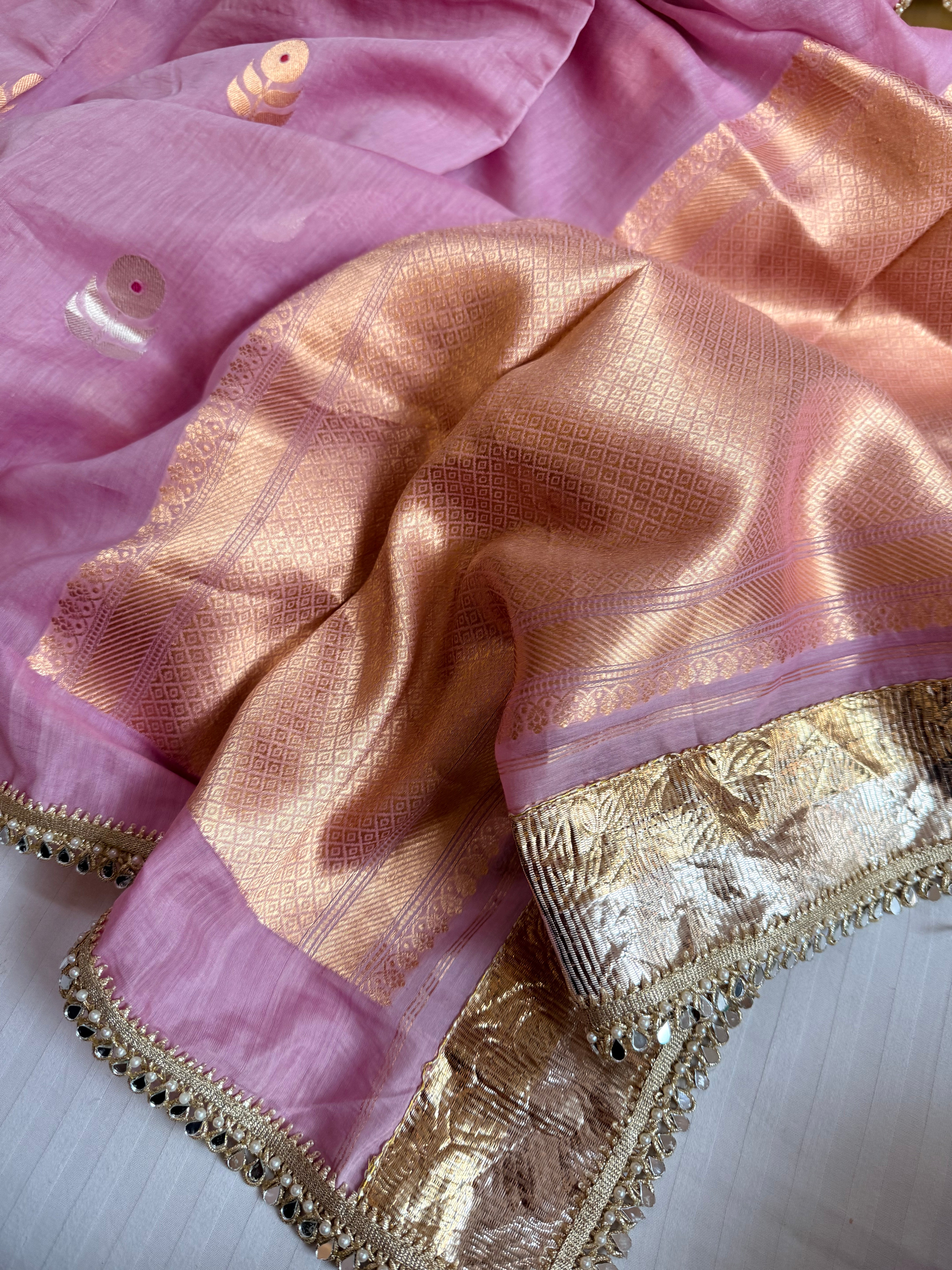 Handloom mulmul cotton silk sarees with lampi gota border