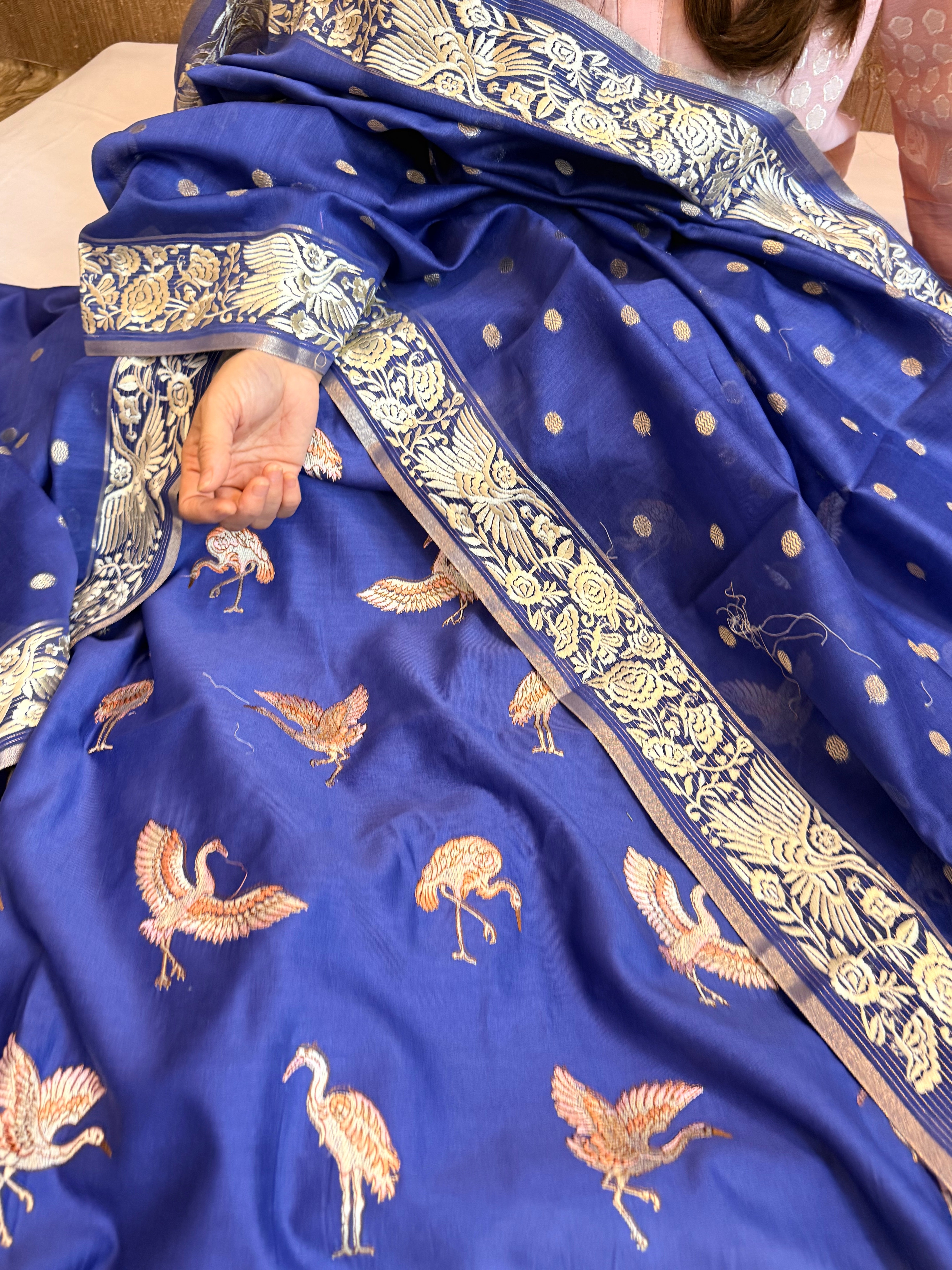 Mul chanderi cotton silk flamingo motif parsigara hand embroidery suit set