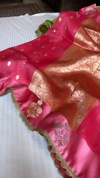 Cranberry pink shade leela kora silk saree with satin borders