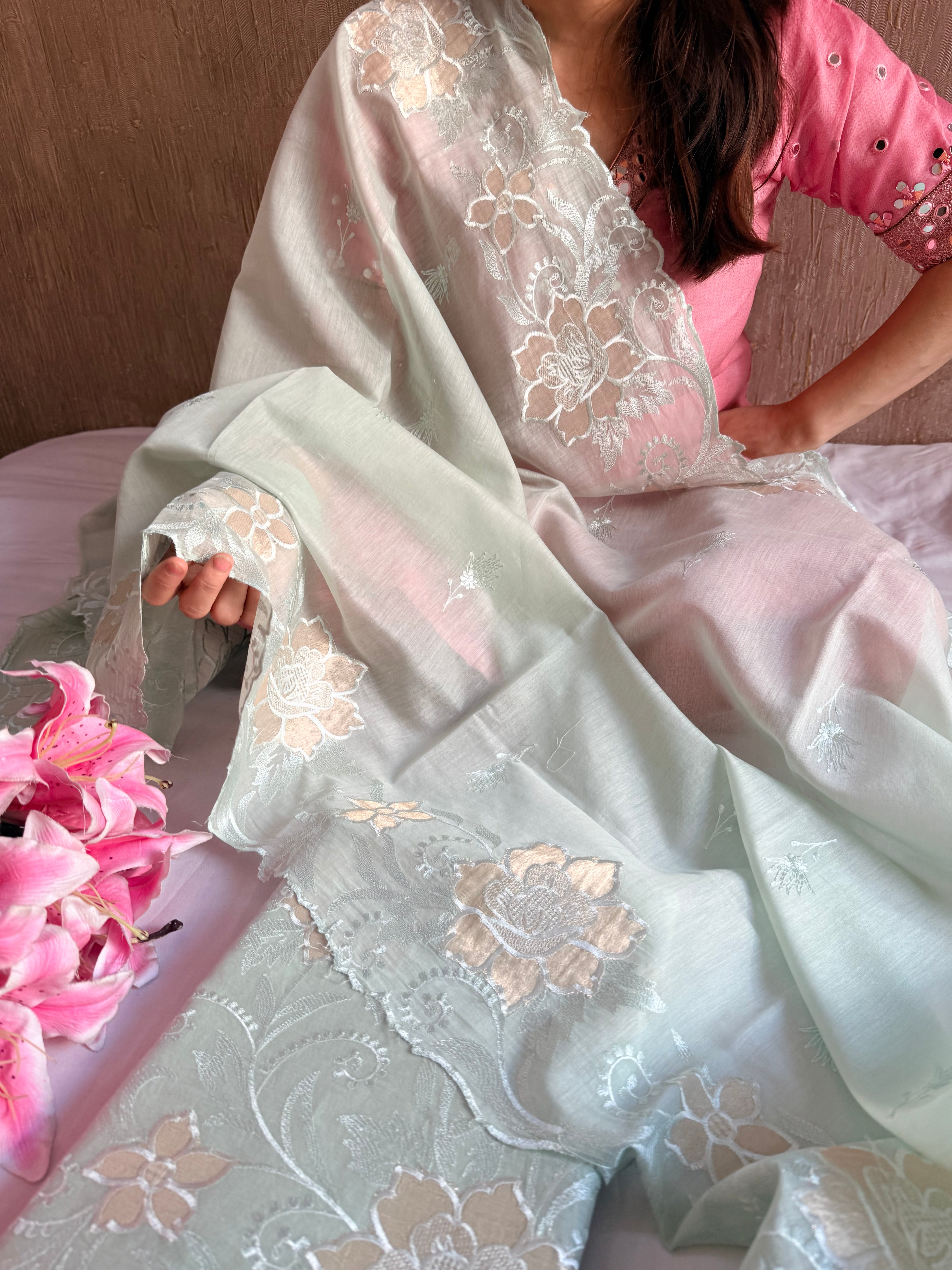 Summer suit edit - Blush green mul cotton appliqué tissue work suit sets