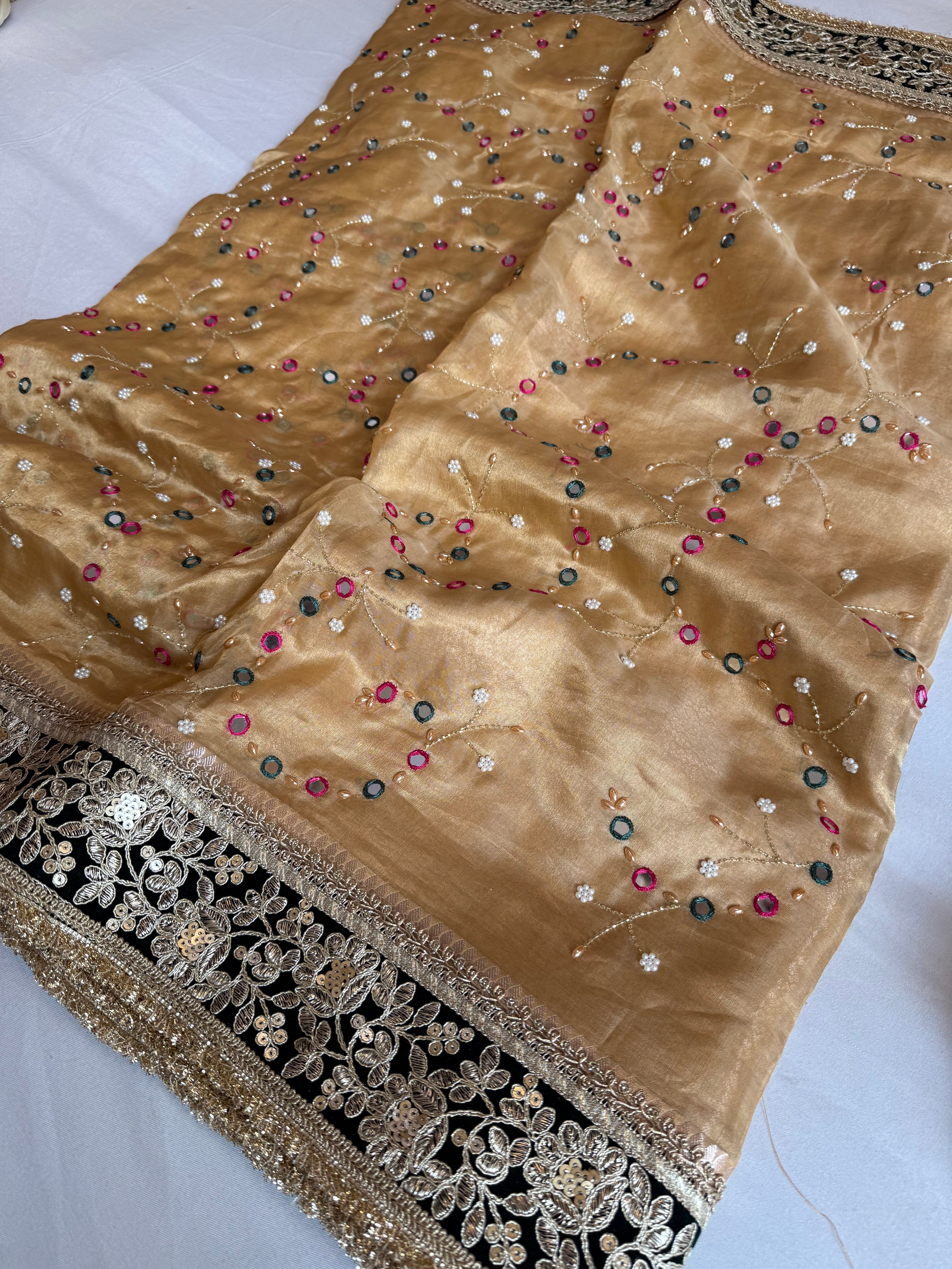 Sheesham edit - Heavy double tissue silk mirror work hand embroidered saree