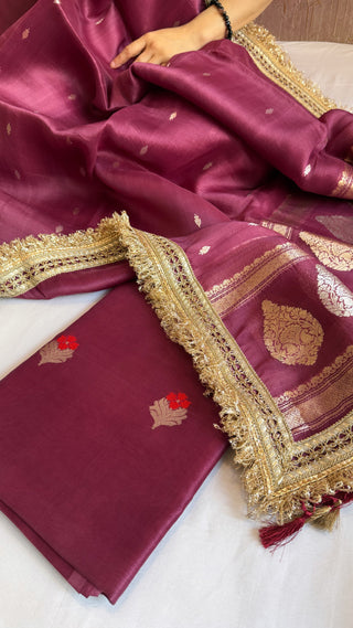 Plum shade kora silk kadhwa buti gotapatti suit set