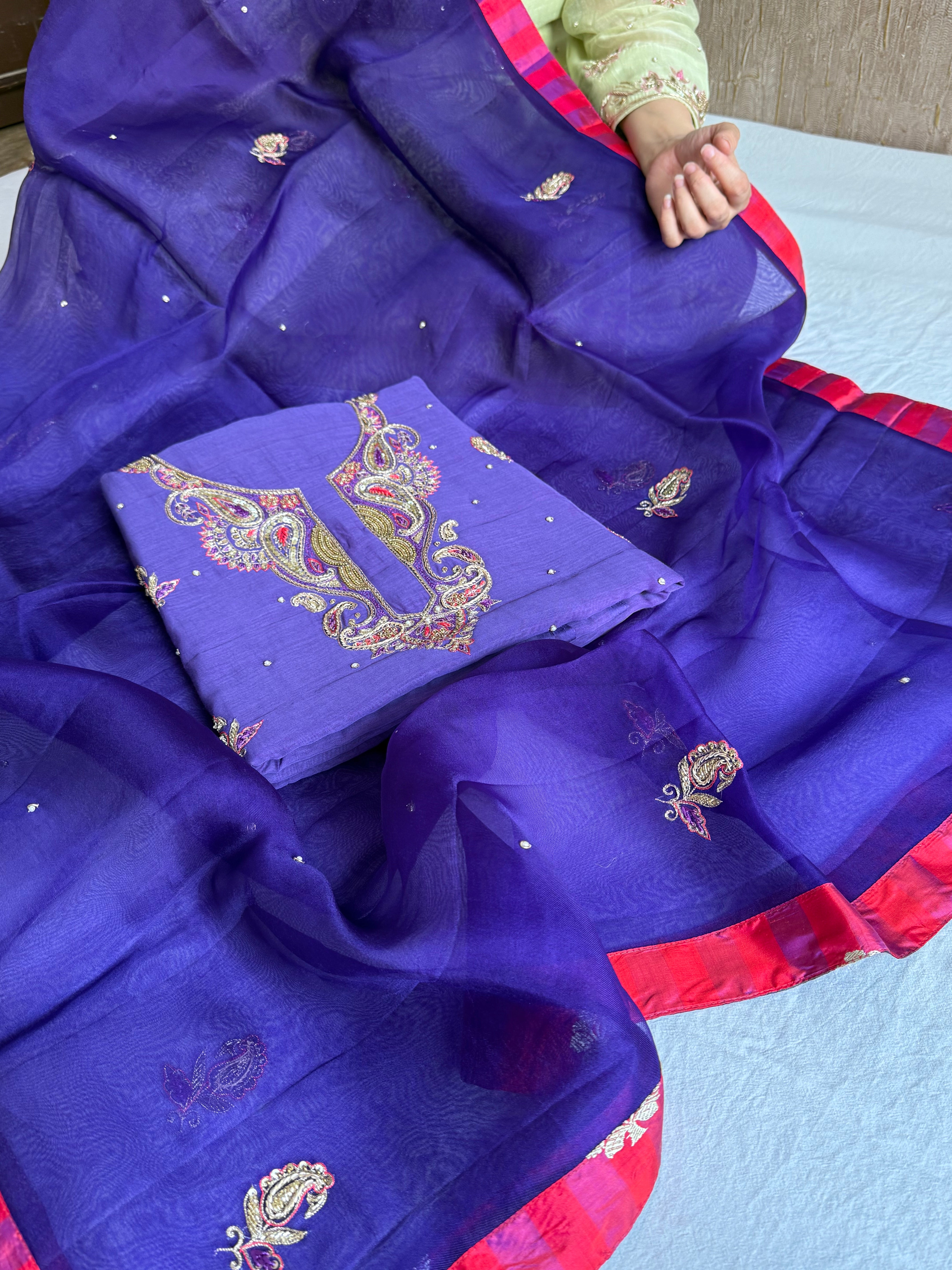Banarasi formal wear mul cotton royal purple hand embroidered kadhwa suit paired with banarasi border kora silk duppata