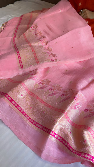 Gulabi pink linen gorgette meenedar daman kadhwa suit set