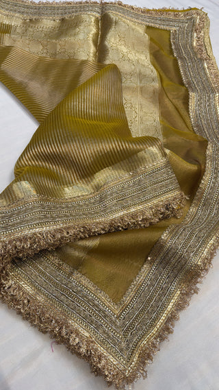 Maharani olive gold striped tissue silk saree