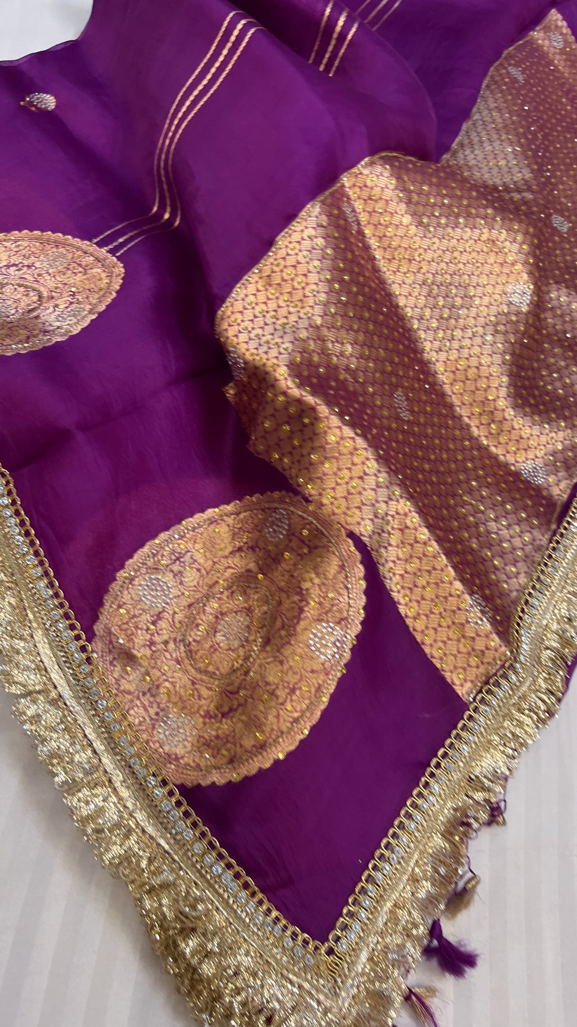 Magenta purple sitara kora silk stonework saree