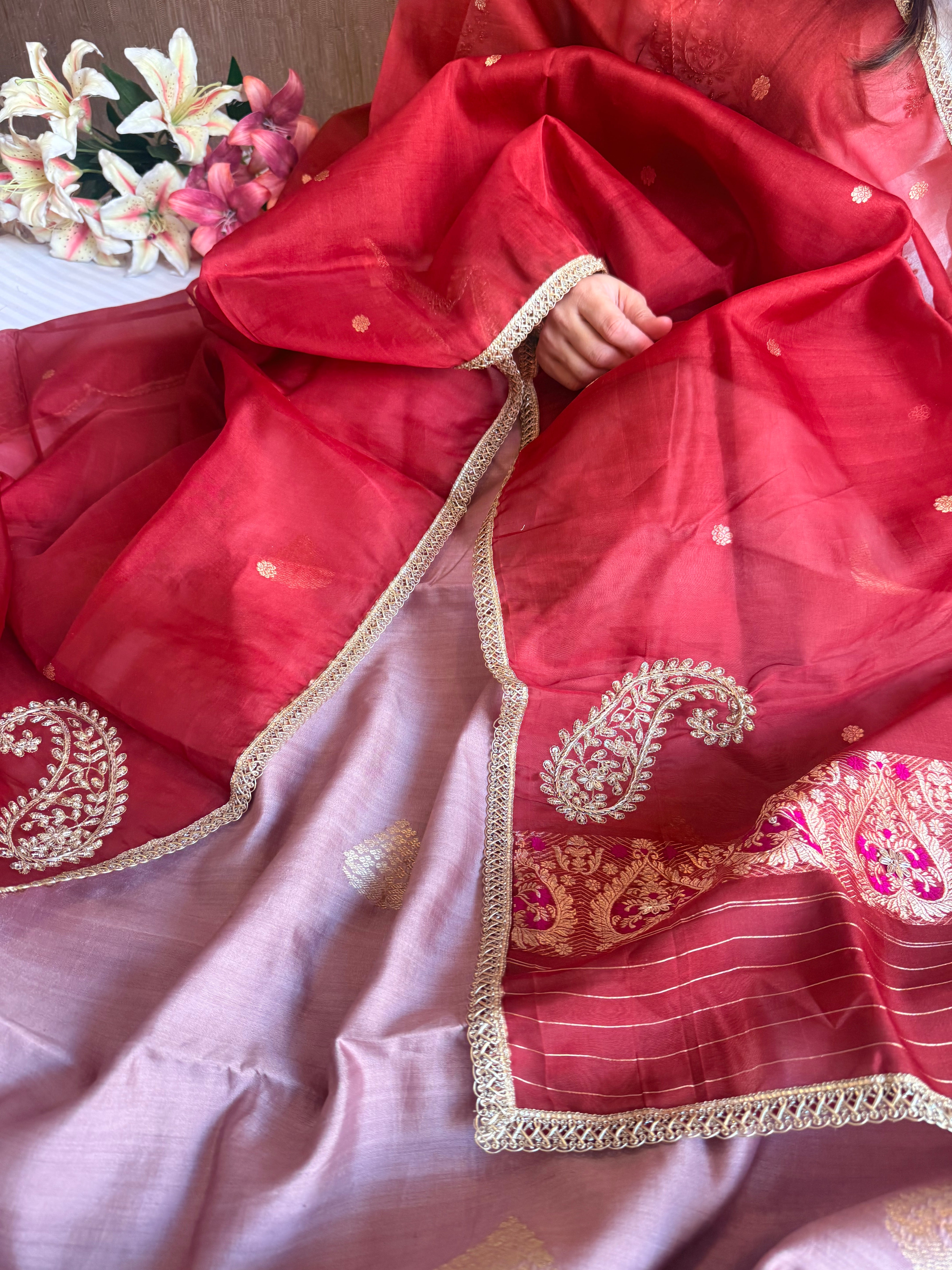 Rose gold - red chiniya silk kadhwa buta kurta paired with kora silk red duppata