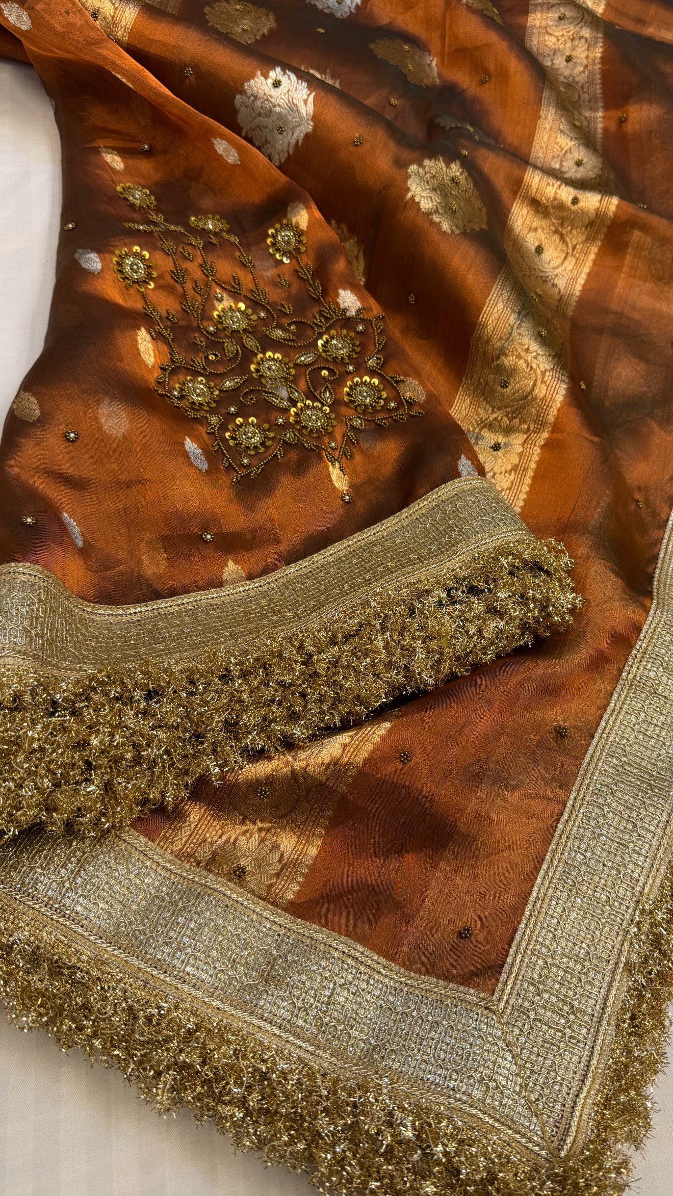 Cocktail edit sarees - Bronze tissue silk heavy hand embroidered sarees