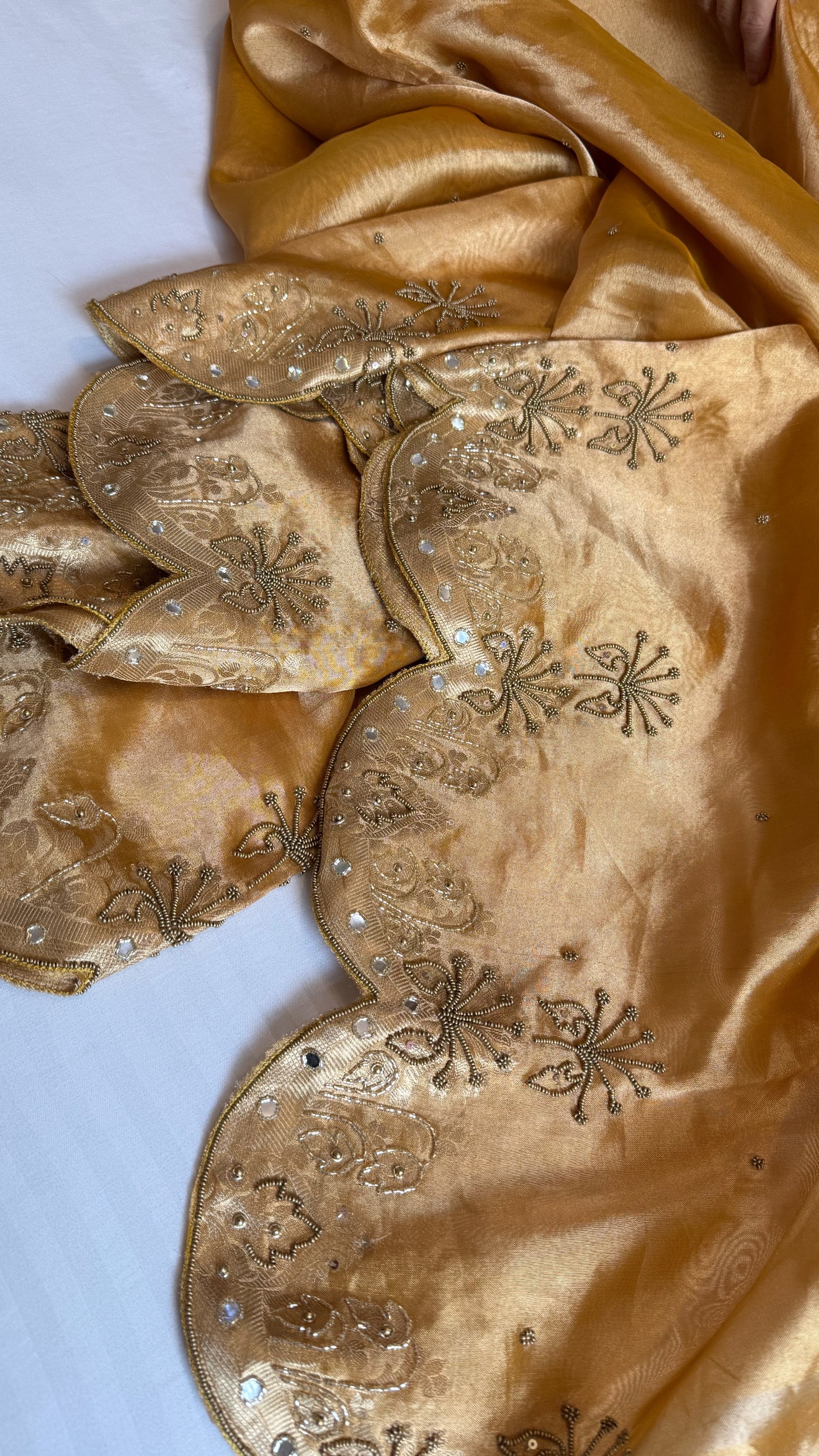 Husn kanjivaram gold tissue silk heavy hand embroidered saree