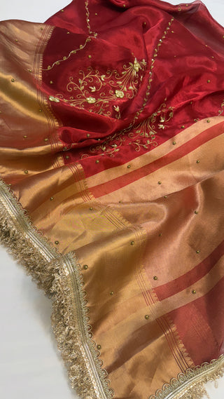 Husn shadi wali saree - Metallic blood red tissue silk heavy hand embroidered saree