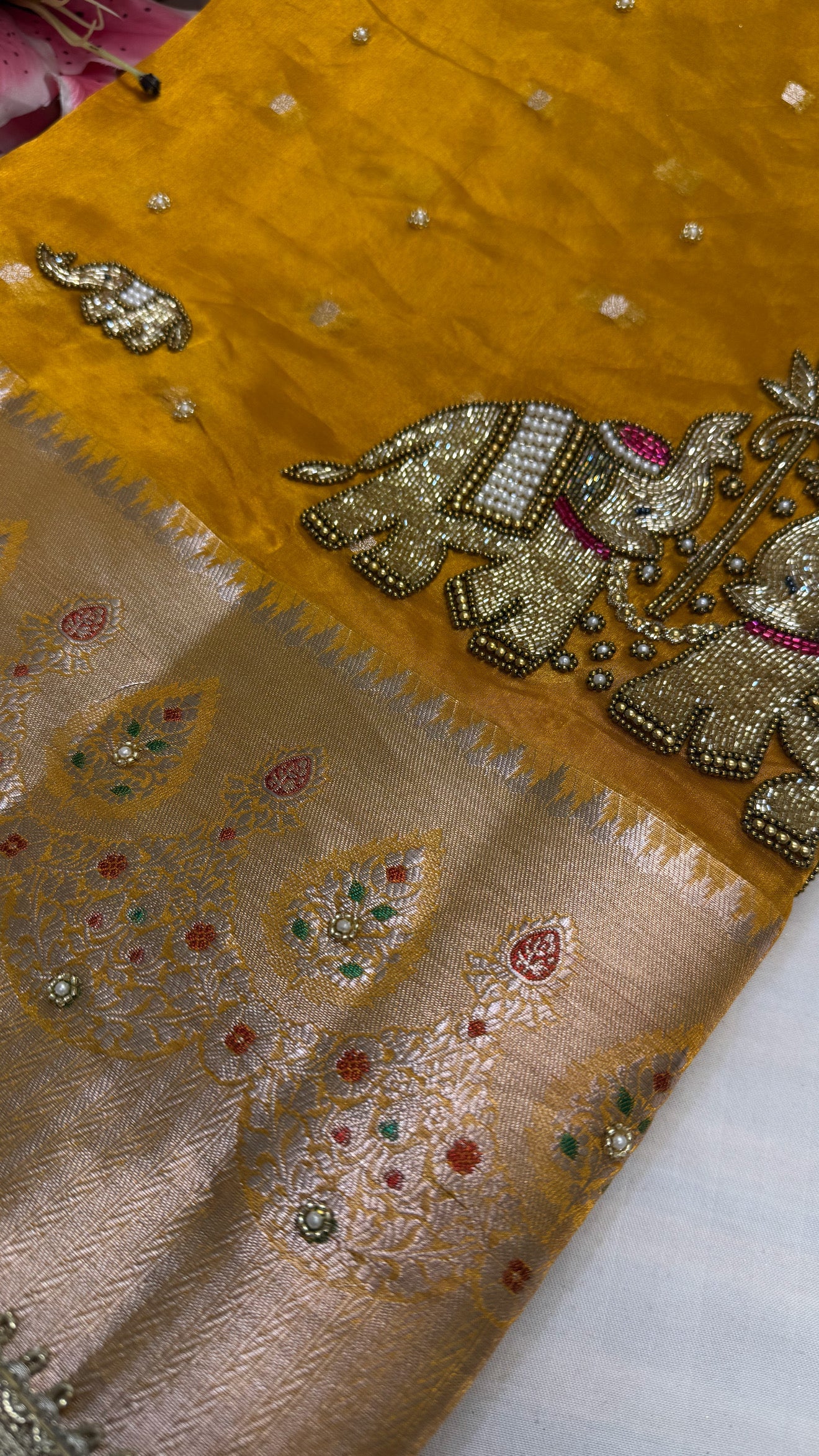 Karwachauth special - Haldi yellow tissue silk elephant motif hand embroidered saree