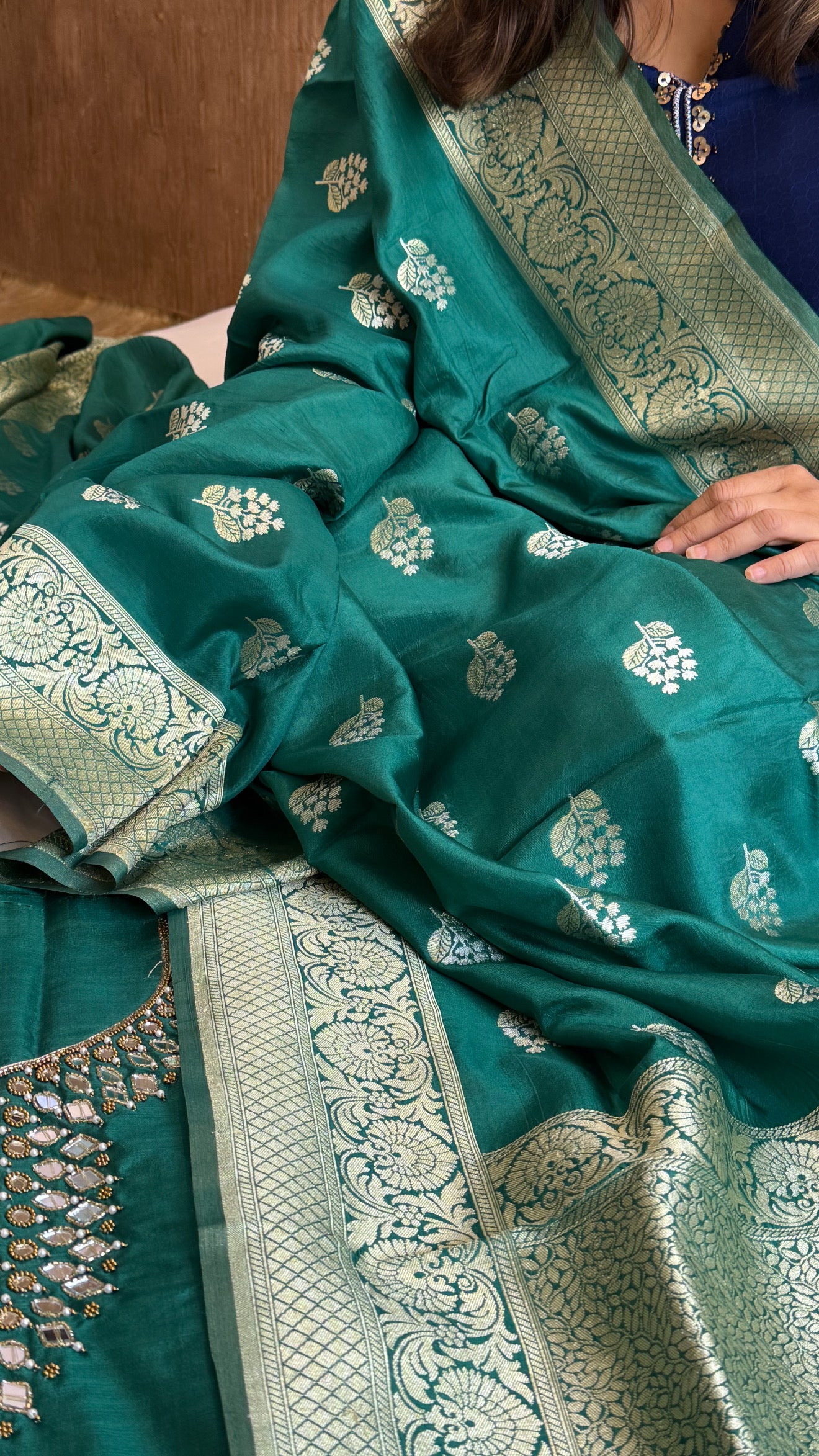 Sheesham bottle green mirror work katan silk hand embroidered kadhwa suit set