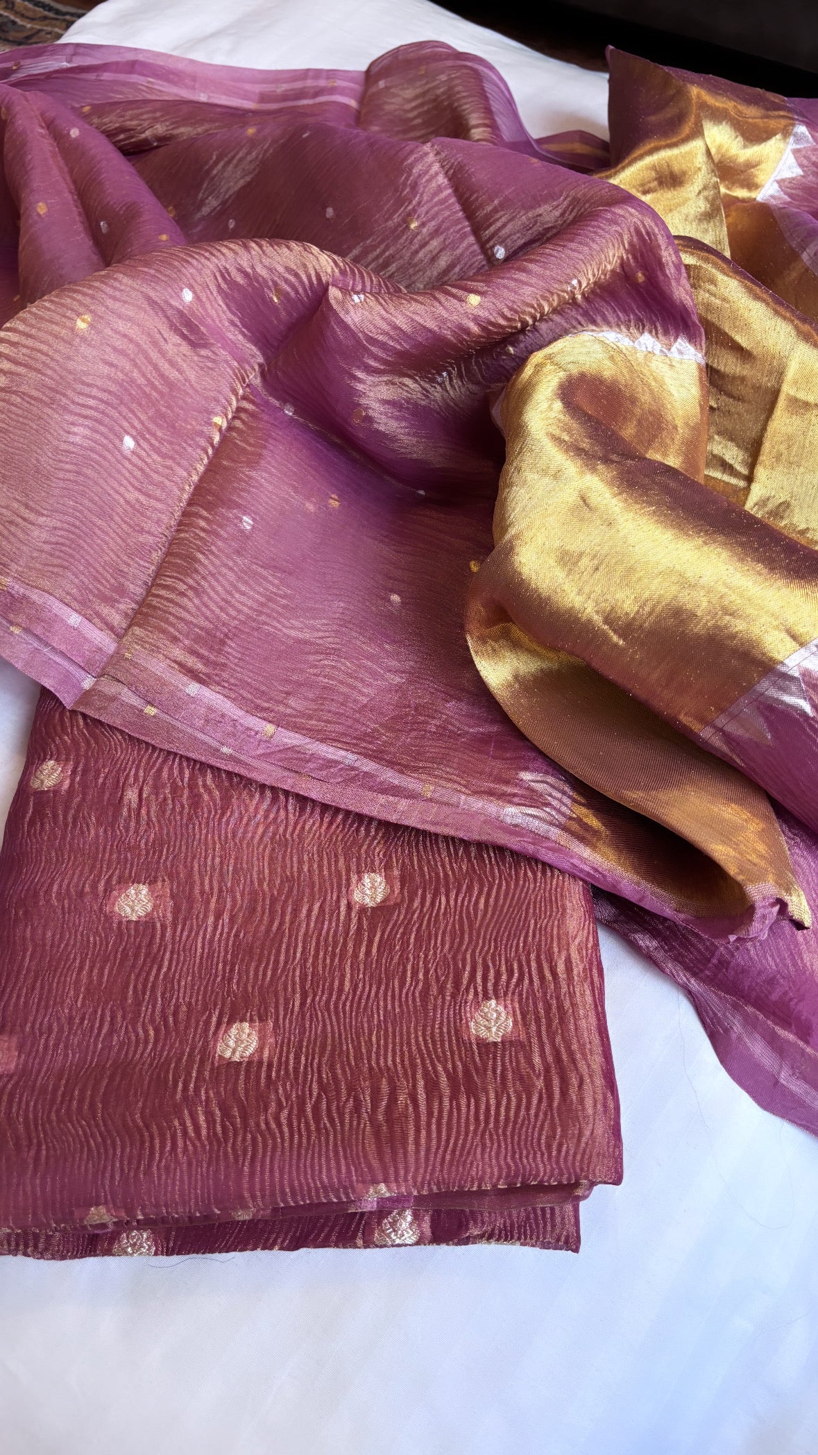 Pure banarasi plum crushed tiisue silk kadhwa sona rupa meenedar buti three piece suit set