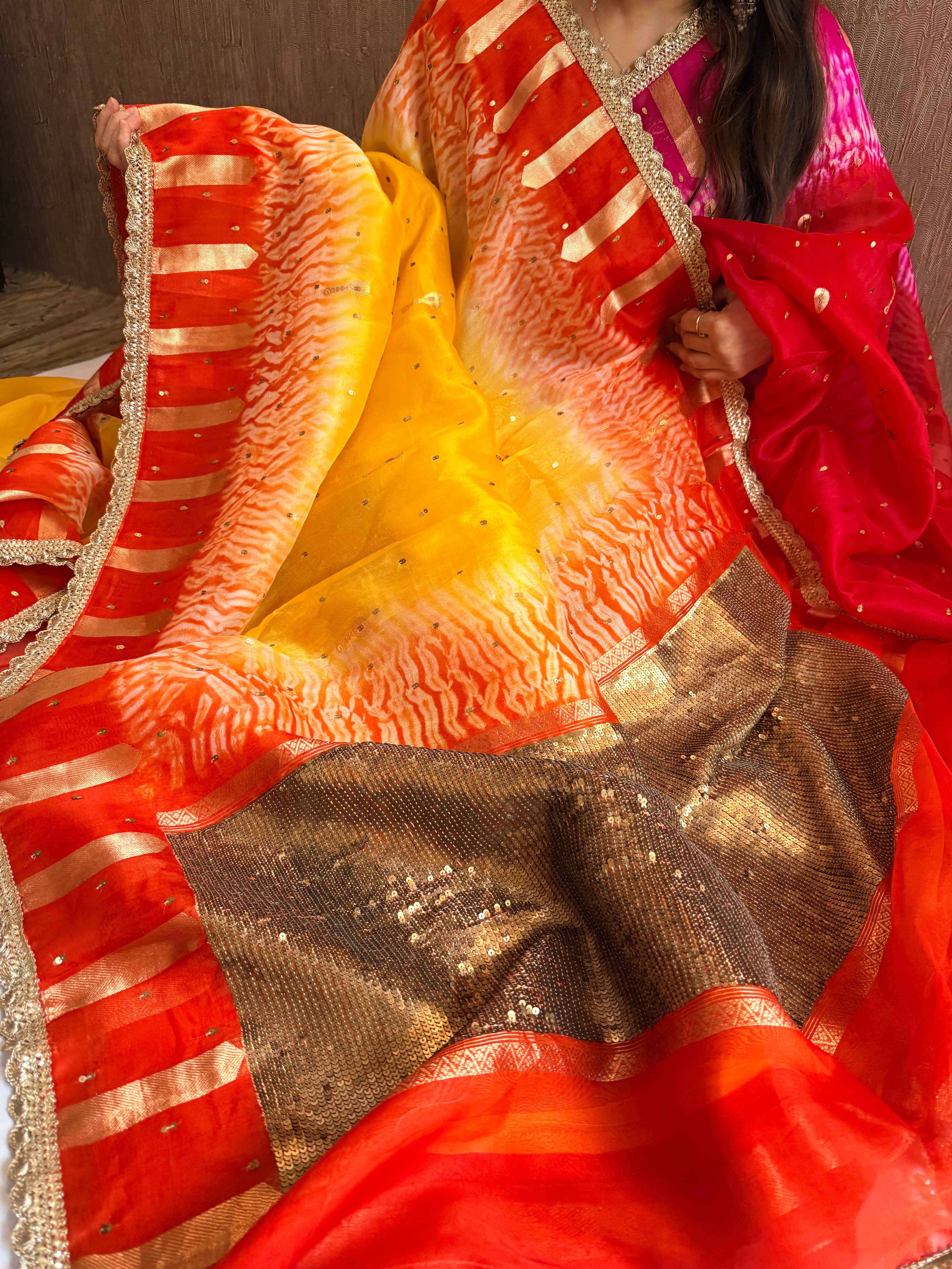 Shibori dye kora silk salma sitara work hand embroidered sequins saree