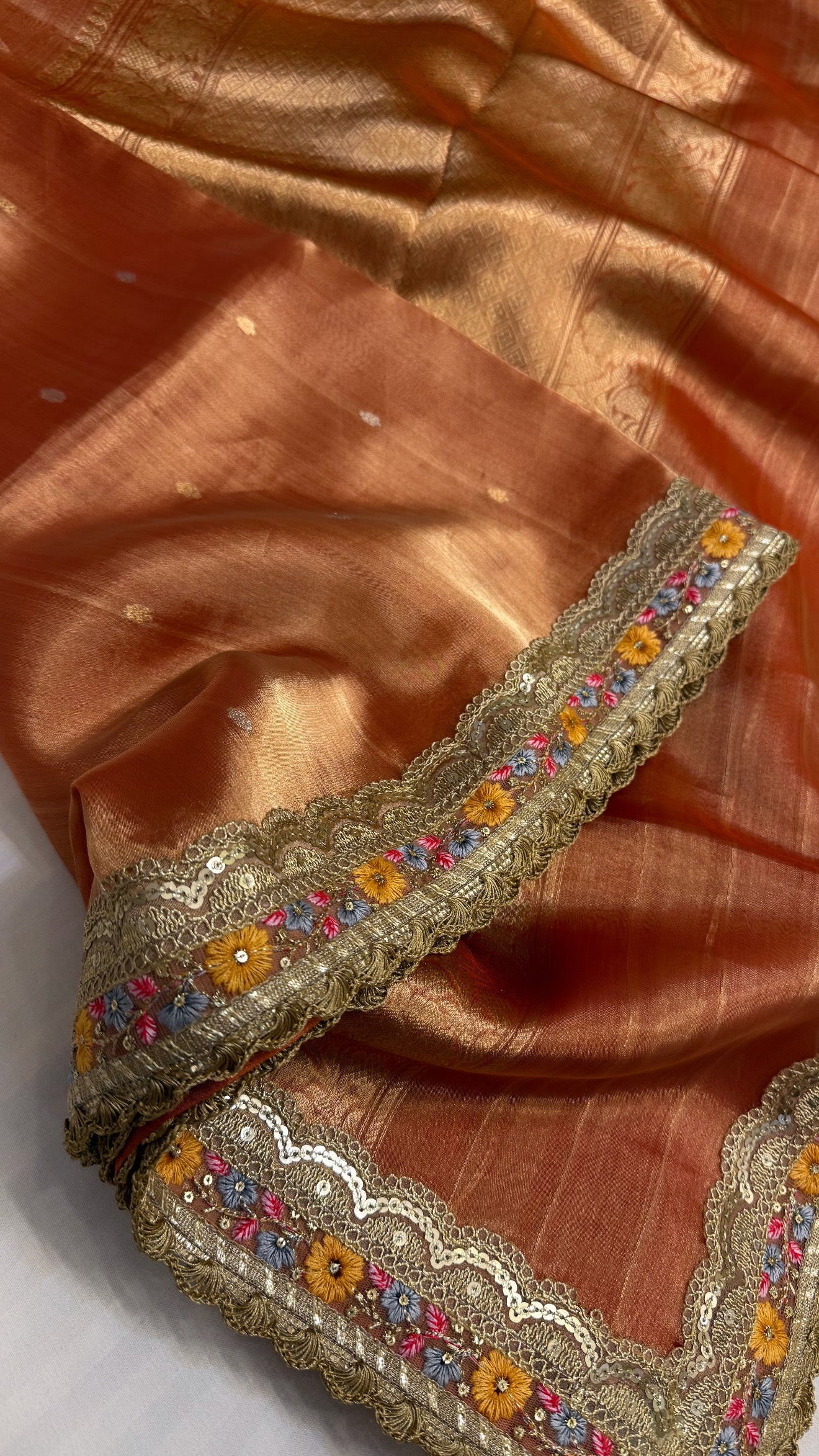 Maharani tangerine red tissue silk saree