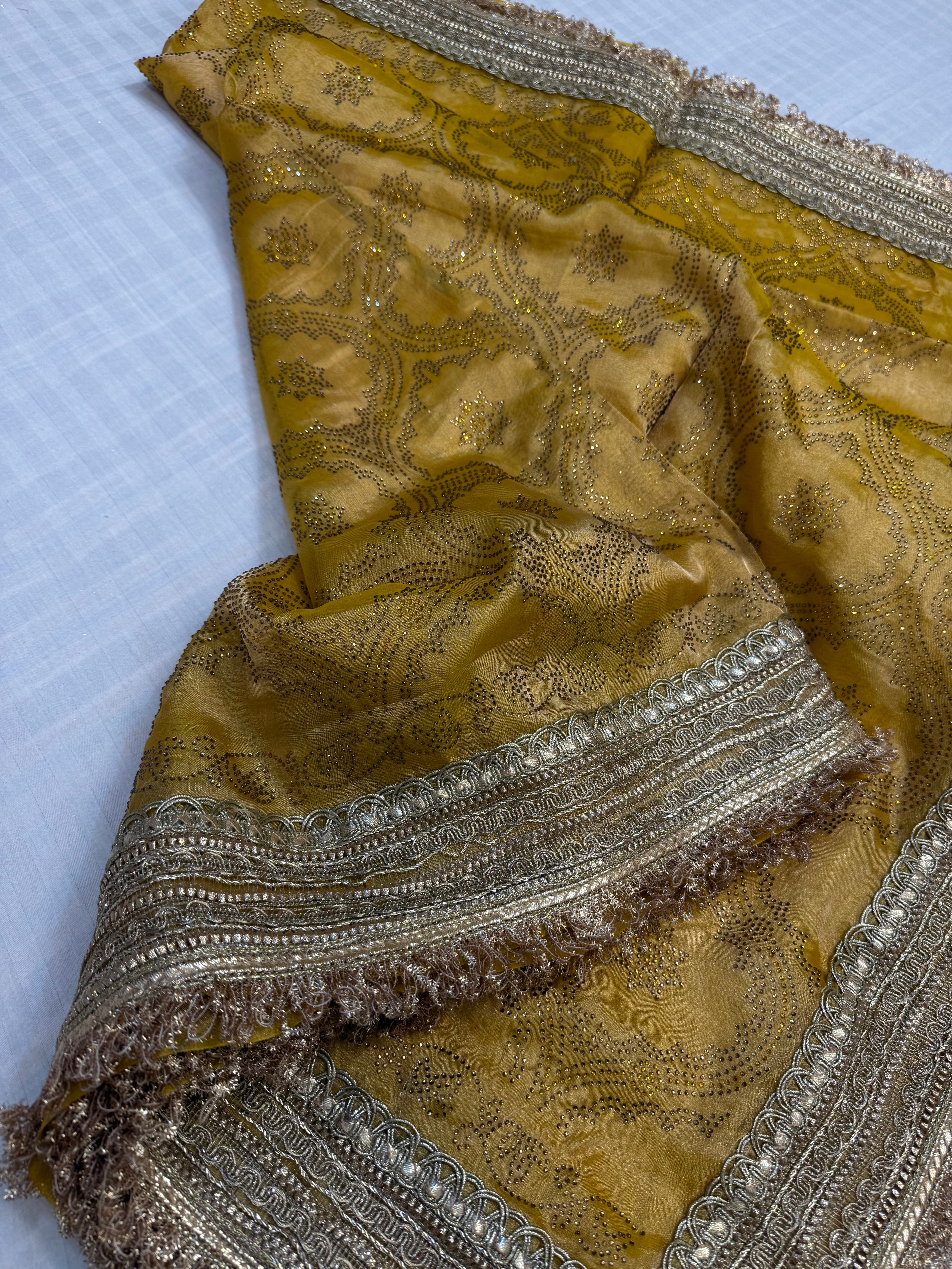 Sitara stonework haldi yellow tissue silk gotapatti saree