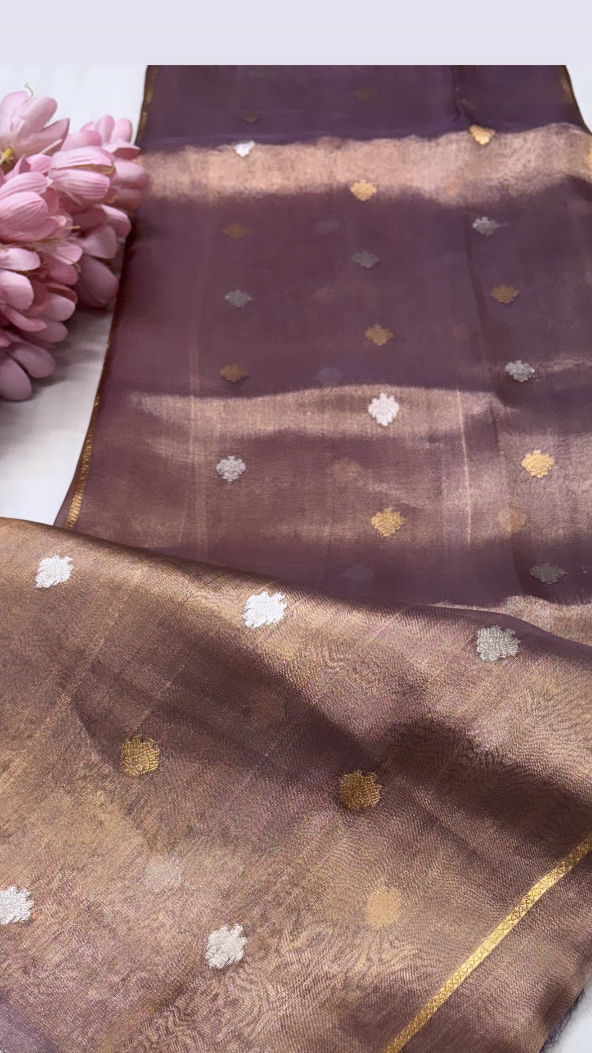 Pure banarasi dusty mouve tissue silk handwoven kadhwa buti saree with kadhwa intricate border buti weaving