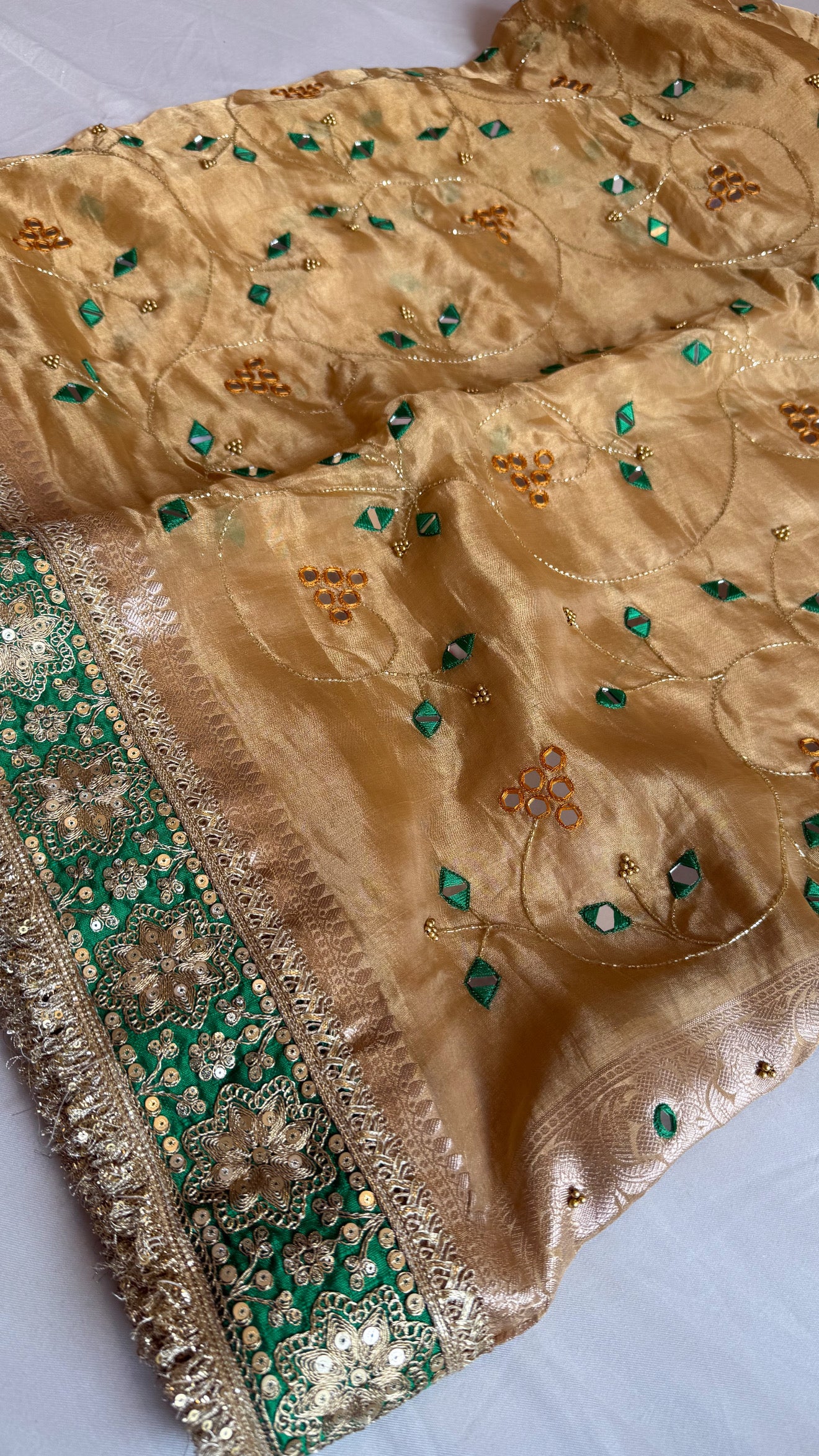 Sheesham edit - Heavy double tissue silk mirror work hand embroidered saree