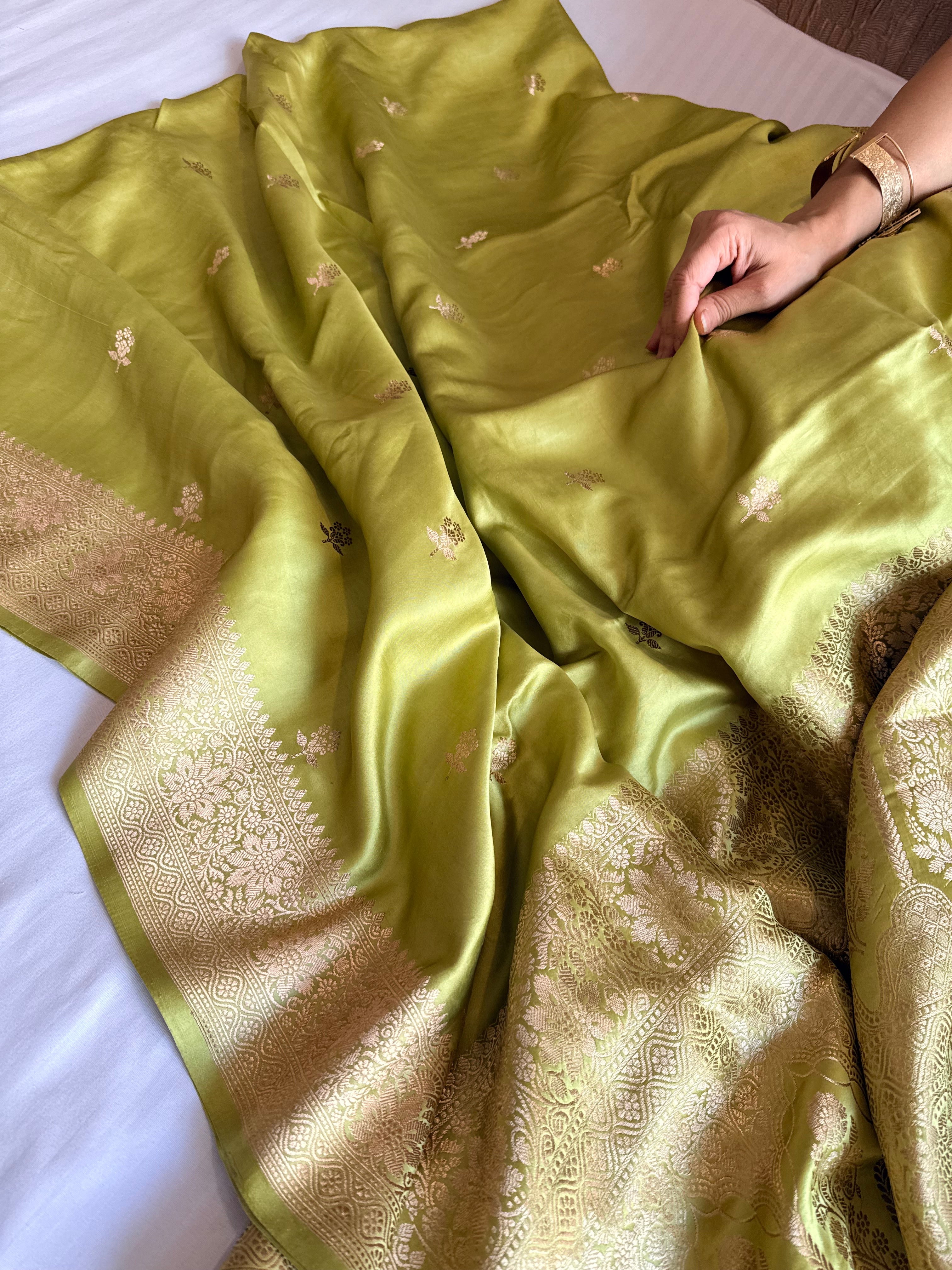 Chutney green banarasi mashru silk kadhwa buti saree